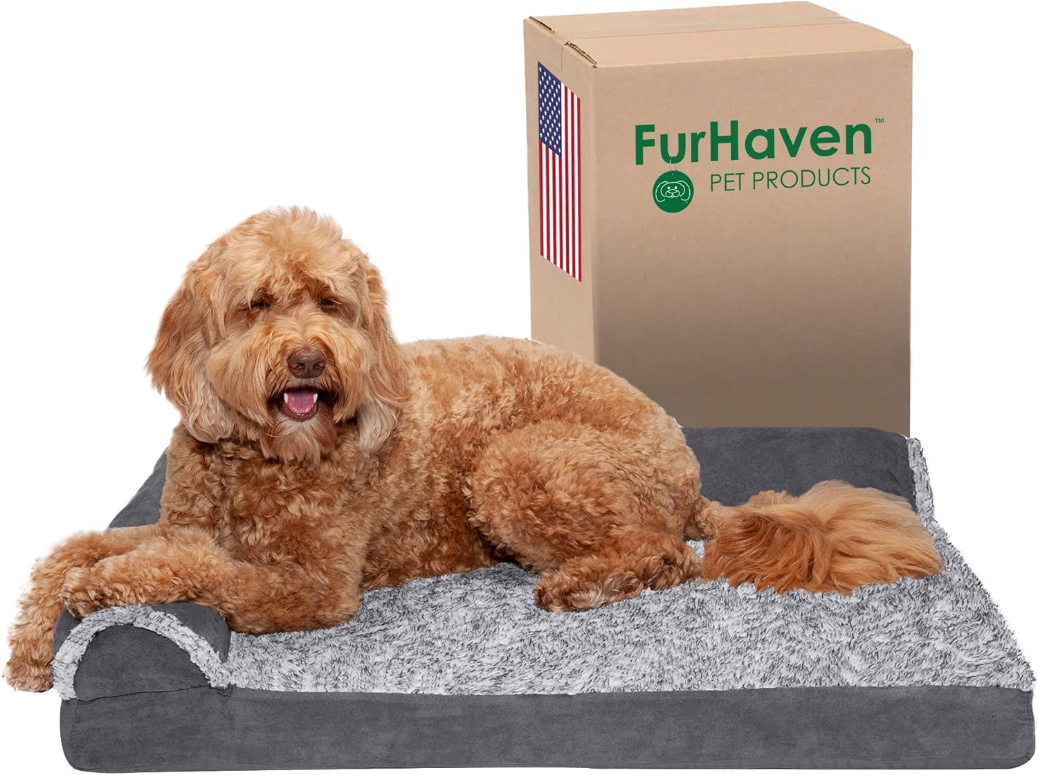 FurHaven Two-Tone Faux Fur & Suede Deluxe Chaise Lounge Orthopedic Sofa Dog Bed - Large, Stone Gray