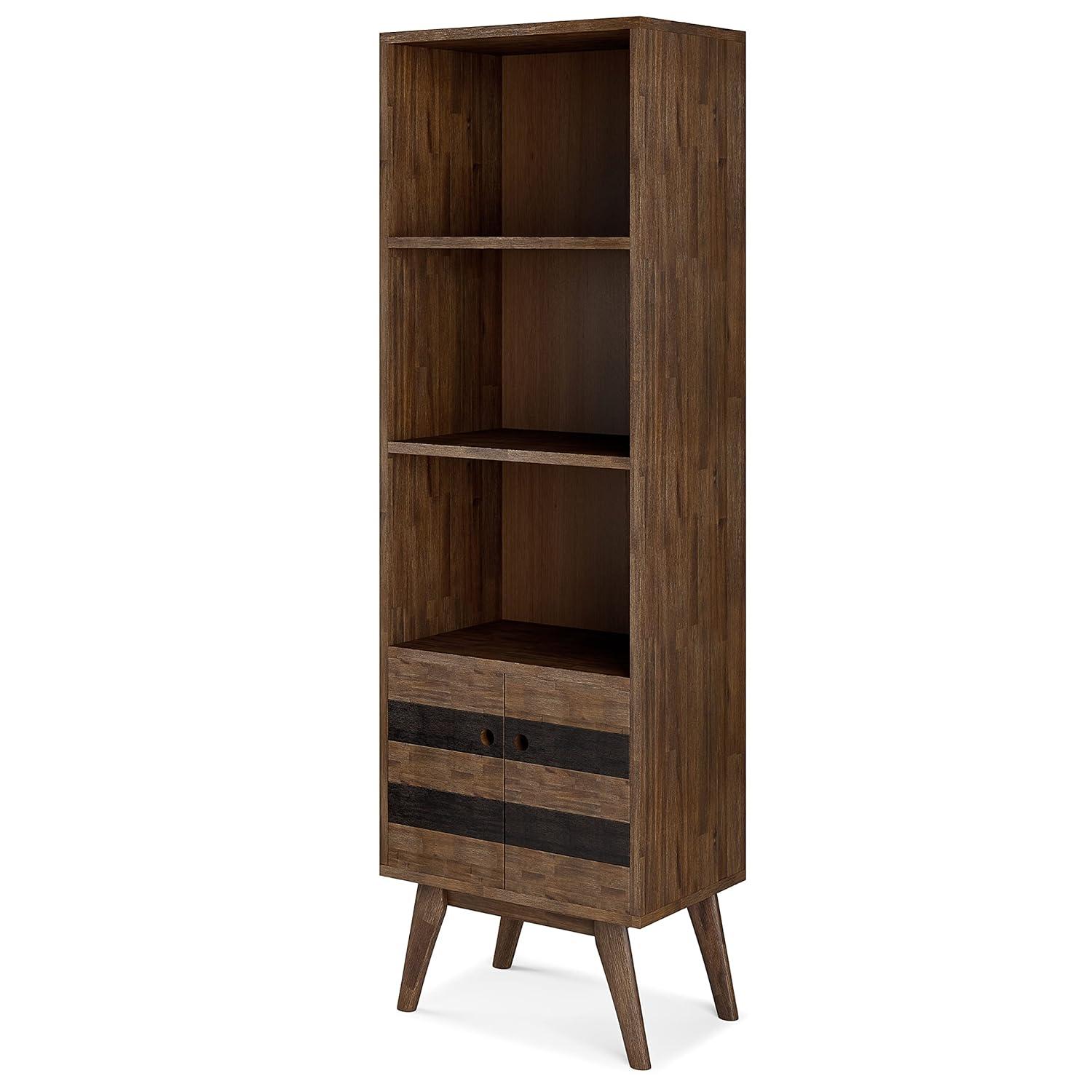 Simpli Home 22"W Solid Acacia 3 Shelf Contemporary Bookcase with Hidden Storage and Adjustable Shelves
