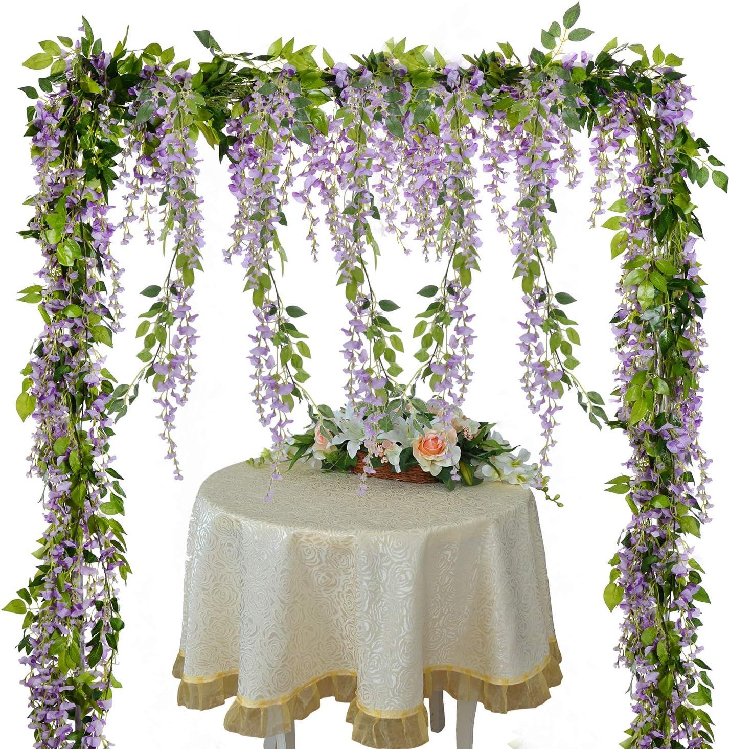 Sinhoon Wisteria Artificial Flowers Garland, 4 Pcs Total 28.8ft Artificial Wisteria Vine Silk Hanging Flower for Home Garden Outdoor Ceremony Wedding Arch Floral Decor (Light Purple)