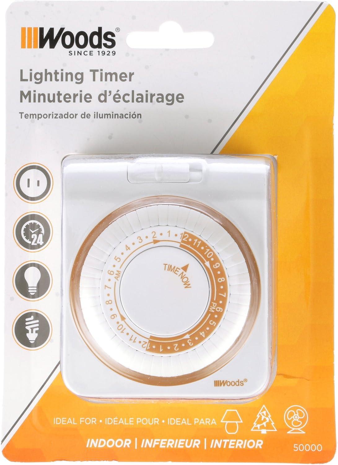 Woods 2-Conductor Indoor Mechanical 24-Hour Lamp Timer, White, 50000