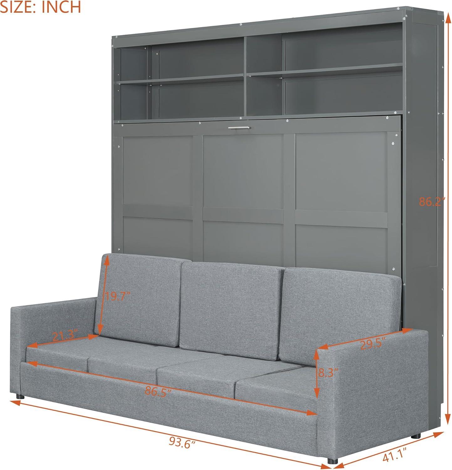 Harper & Bright Designs Queen Size Murphy Bed with Cushion and Storage Shelves, Wood Queen Platform Bed with Sofa, Wall Bed, Hidden Foldable Bed Frame for Home Office or Small Room,Gray