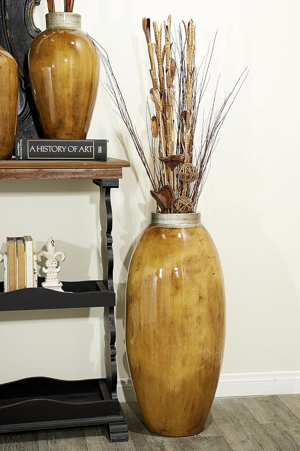 Tall Brown Ceramic Floor Vase with Silver Rim