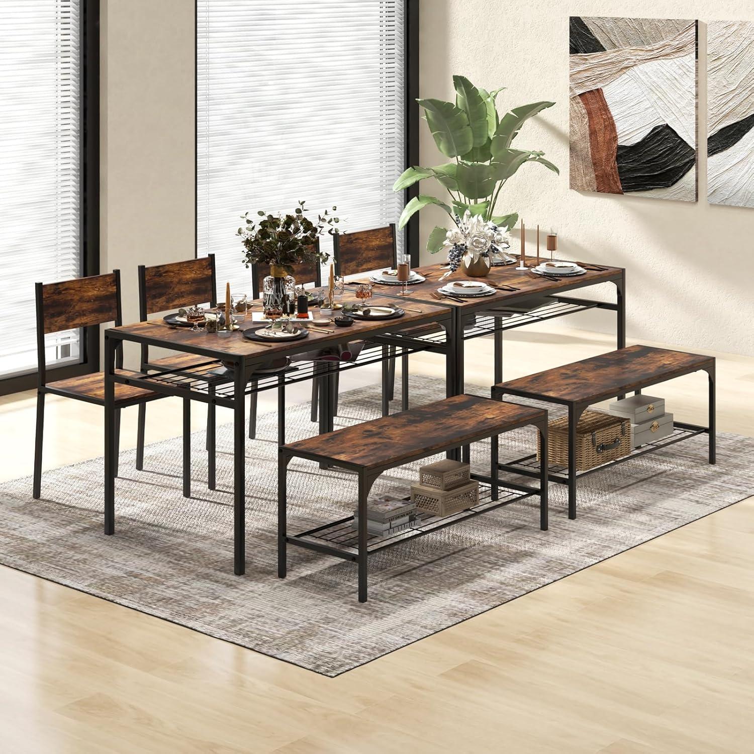 Costway Dining Table Set for 4 Rectangular Table with 2 Chairs, 1 Bench, Storage Racks Rustic Brown/Grey