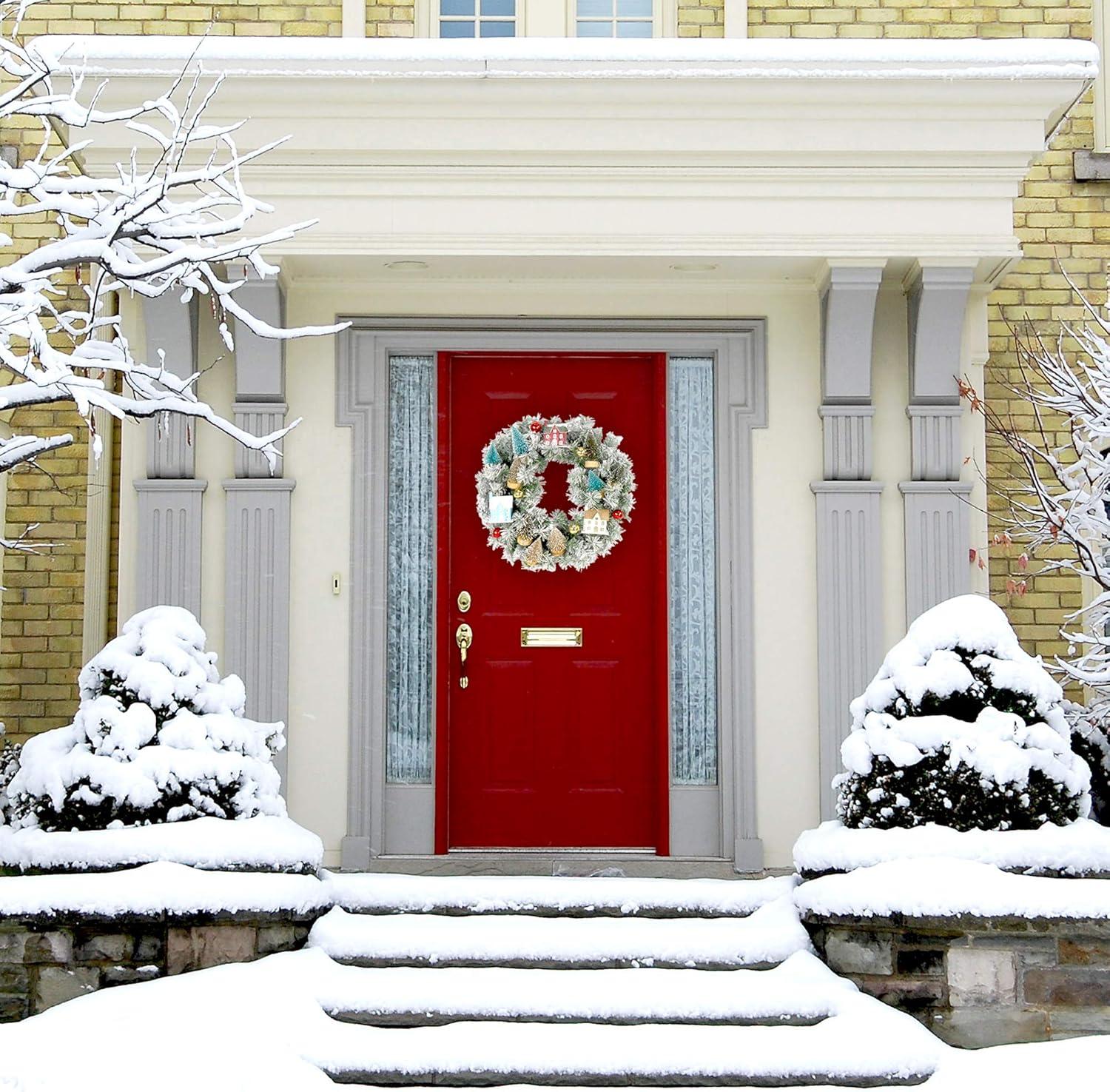 Fraser Hill Farm 24-in. Christmas Snowy Wreath Door Hanging with Ornaments, Wood Houses, Green