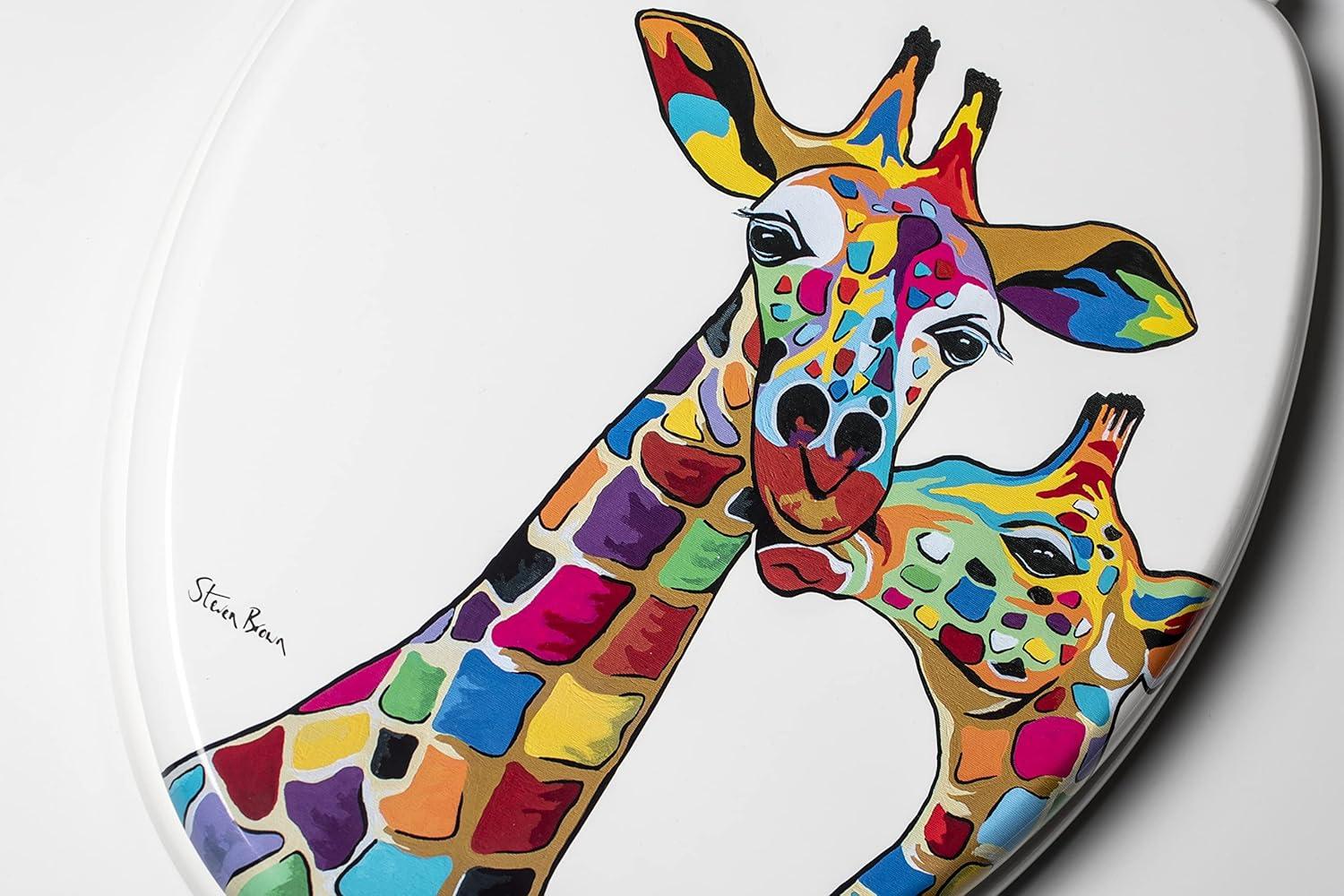 Croydex Steven Brown Artwork 19in Round Wood Toilet Seat, Colorful Giraffes Design