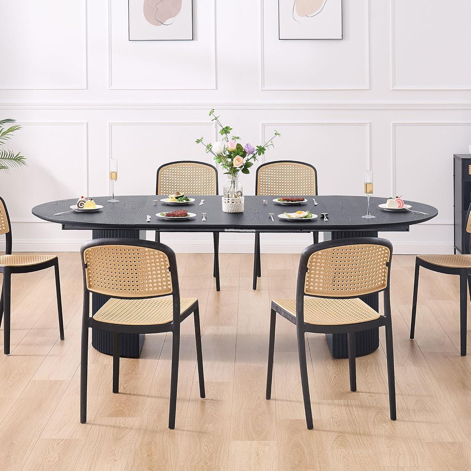 Black Solid Wood Round to Oval Extendable Dining Table