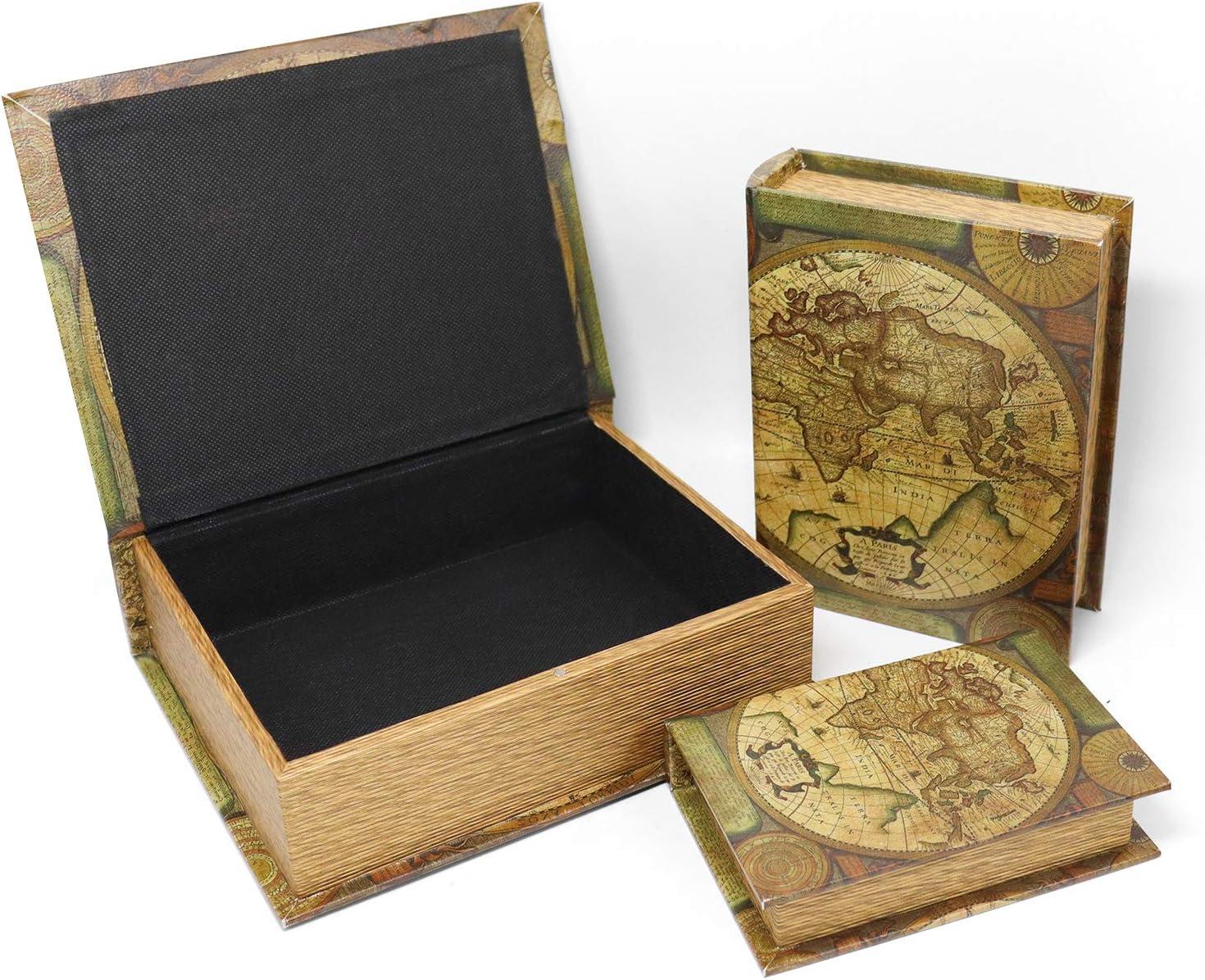 Jolitac Decorative Book Boxes World Map Pattern Antique Book Invisible box with Magnetic cover, Faux Wood Set of 3 Storage Set (Map)