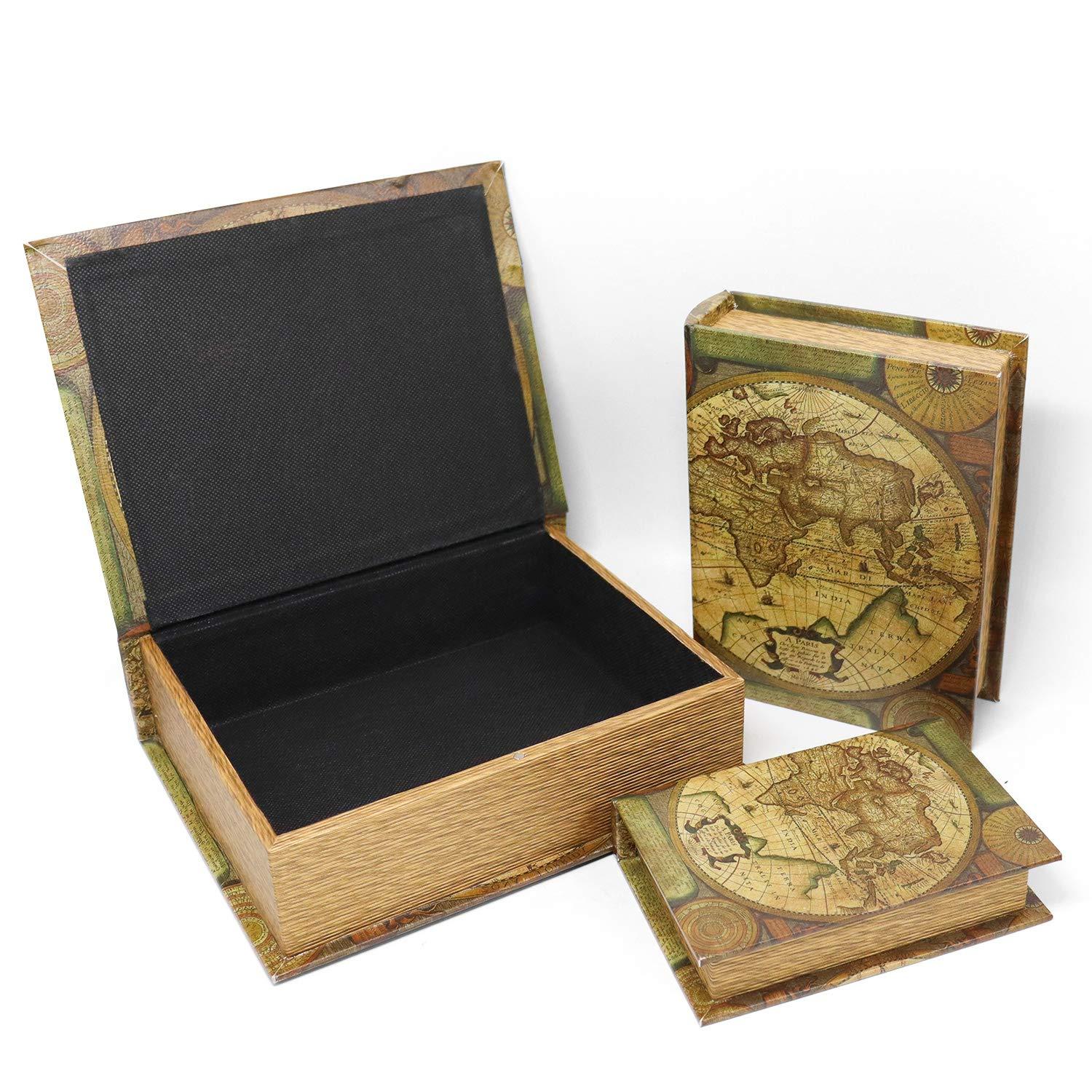 Jolitac Decorative Book Boxes World Map Pattern Antique Book Invisible box with Magnetic cover, Faux Wood Set of 3 Storage Set (Map)