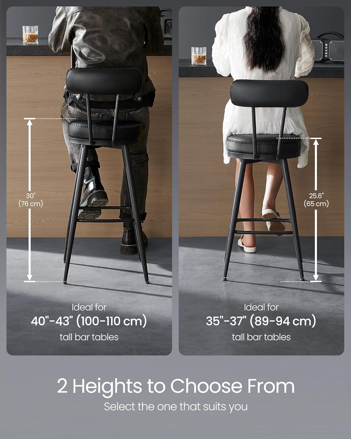 VASAGLE EKHO Collection - Bar Stools Set of 2, Swivel Bar Height Bar Stools with Back, Synthetic Leather with Stitching, Mid-Century Modern, 30-Inch Tall Barstools for Kitchen Home Bar, Ink Black