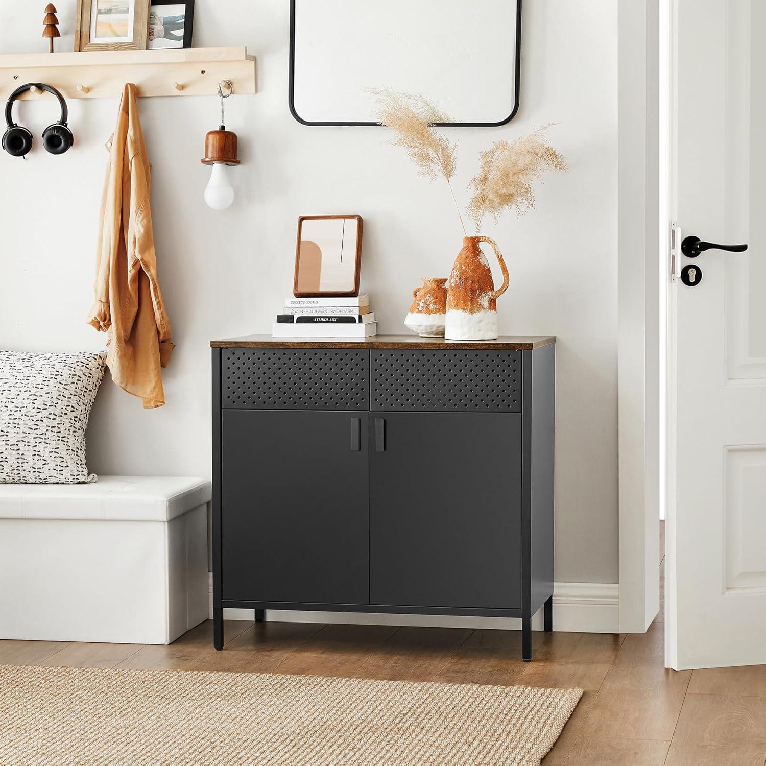 Storage Sideboard, Buffet Table with Adjustable Shelves, Floor Storage Cupboard, Steel Frame, Rustic Brown and Black ULSC102B01