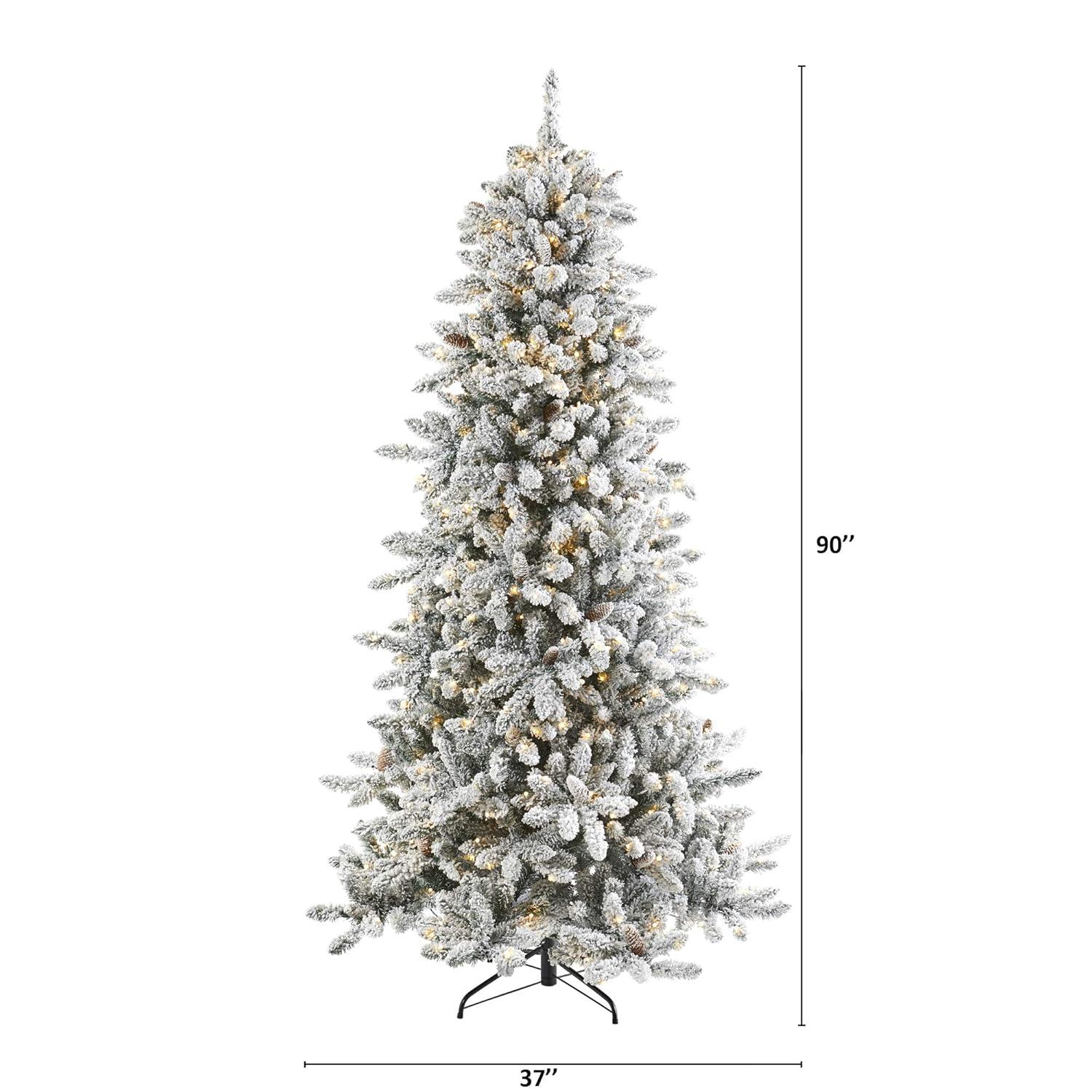Nearly Natural 7.5' Pre-Lit LED Flocked Slim Livingston Fir with Pinecones, Electric Powered
