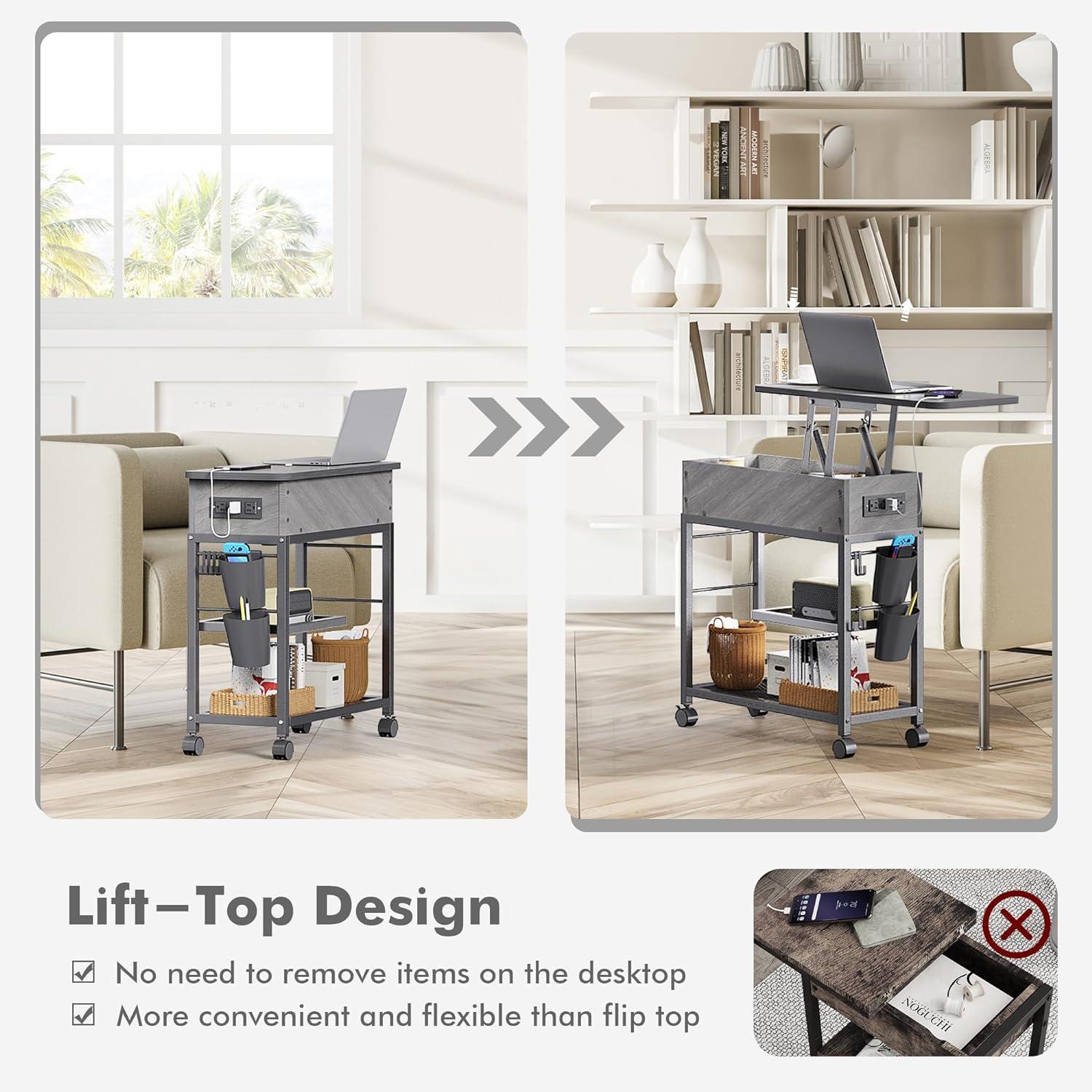 Colima Lift Top End Table with Charging Station and Wheels, Sofa Side Table with USB Port & AC Outlets, Movable Bedside Nightstand with Side Bag for Office Living Room Bedroom(Gray)