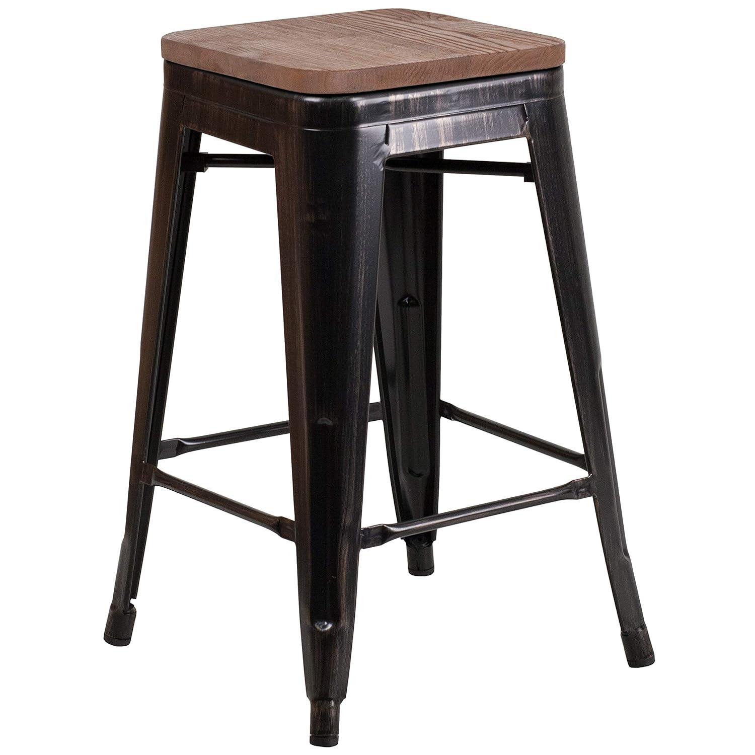 Flash Furniture Margherite 30" High Backless Metal Barstool with Square Wood Seat