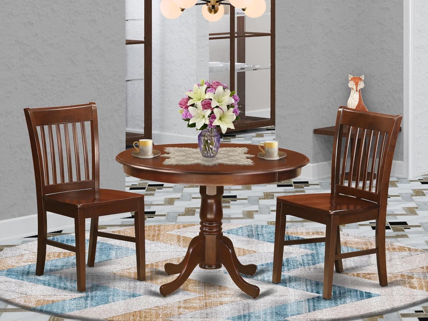 Mahogany Round Pedestal Dining Table with 2 Wooden Chairs