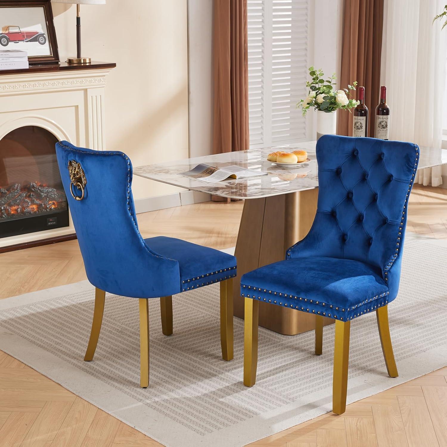 Velvet Upholstered Dining Chairs, Set of 2, Dining Room Tufted Chair, Modern Button Tufted Armless Chairs with Nailhead Trim and Back Ring Pull, Gold Legs, for Dining Room, Kitchen, Navy