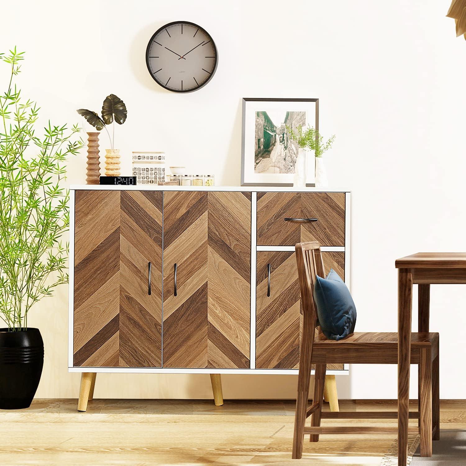 Accent Cabinet, Black Storage Cabinet with Doors Mid Century Modern Sideboard Buffet Cabinet with Storage Shelves Small Wood Accent Cabinets for Living Room Entryway Office, Brown Herringbone