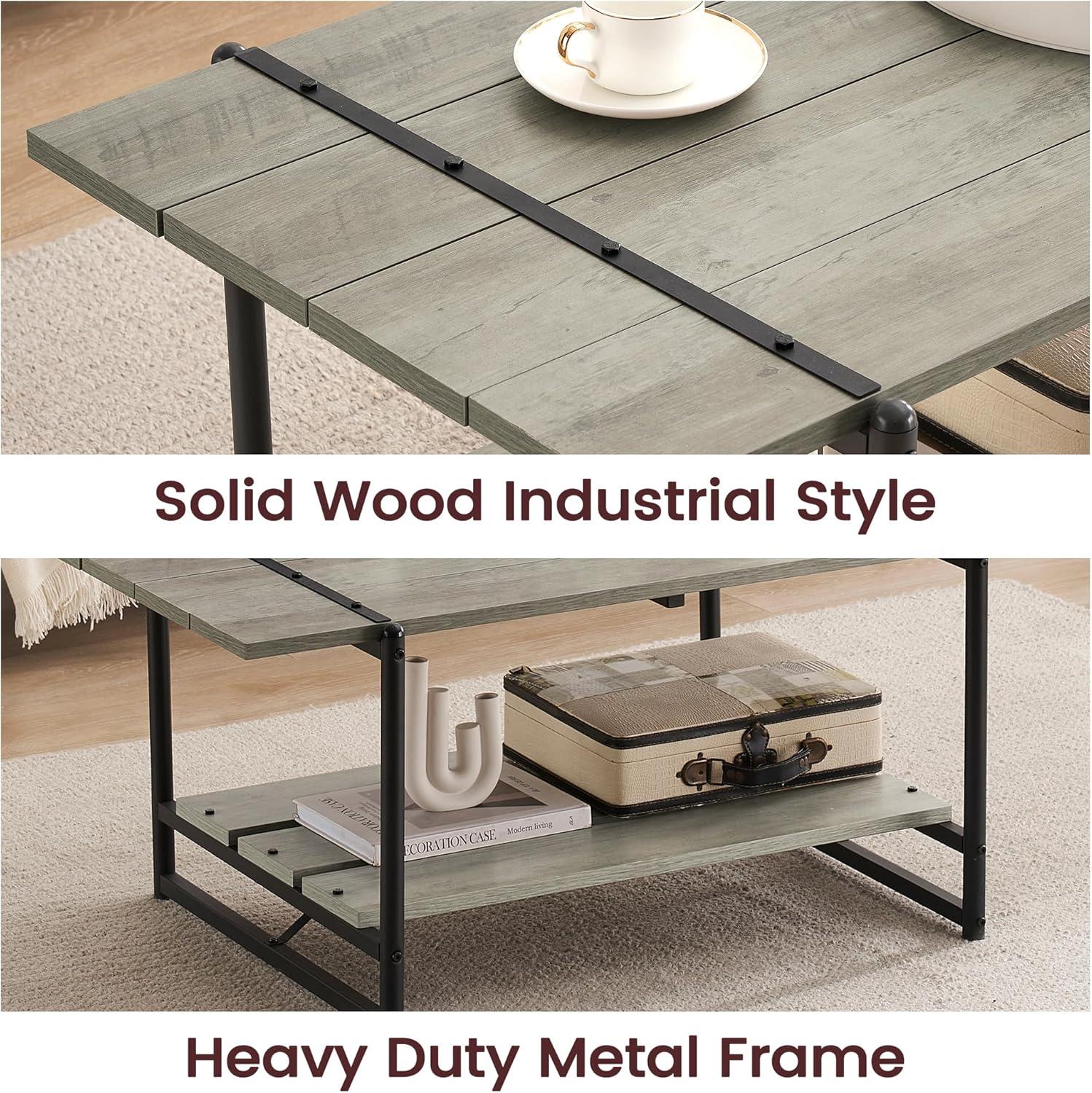 Gray Engineered Wood and Metal Outdoor Coffee Table with Storage Shelf