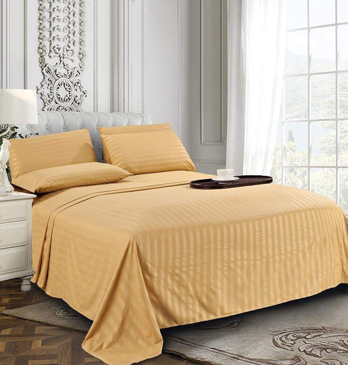 1500 Series 6-Piece DAMASK STRIPE Bed Sheet Set, King Camel/Gold