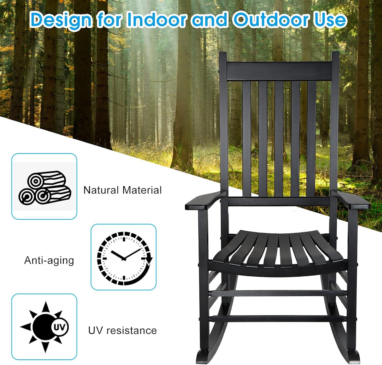 Black Solid Wood Porch Rocking Chair with Armrests