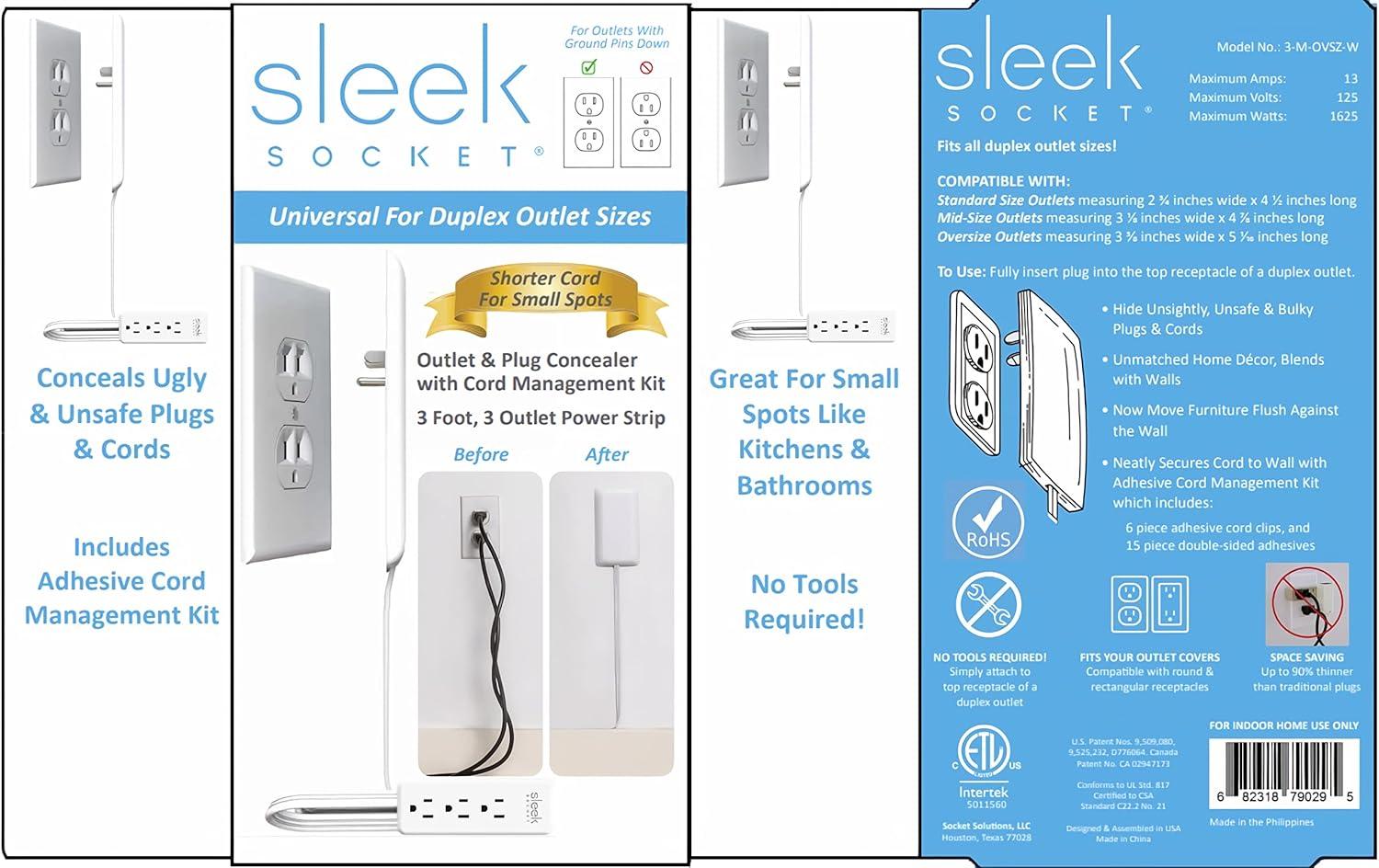 Sleek Socket Wall Outlet Concealer with 3 ft. Extension Cord for Cable Management