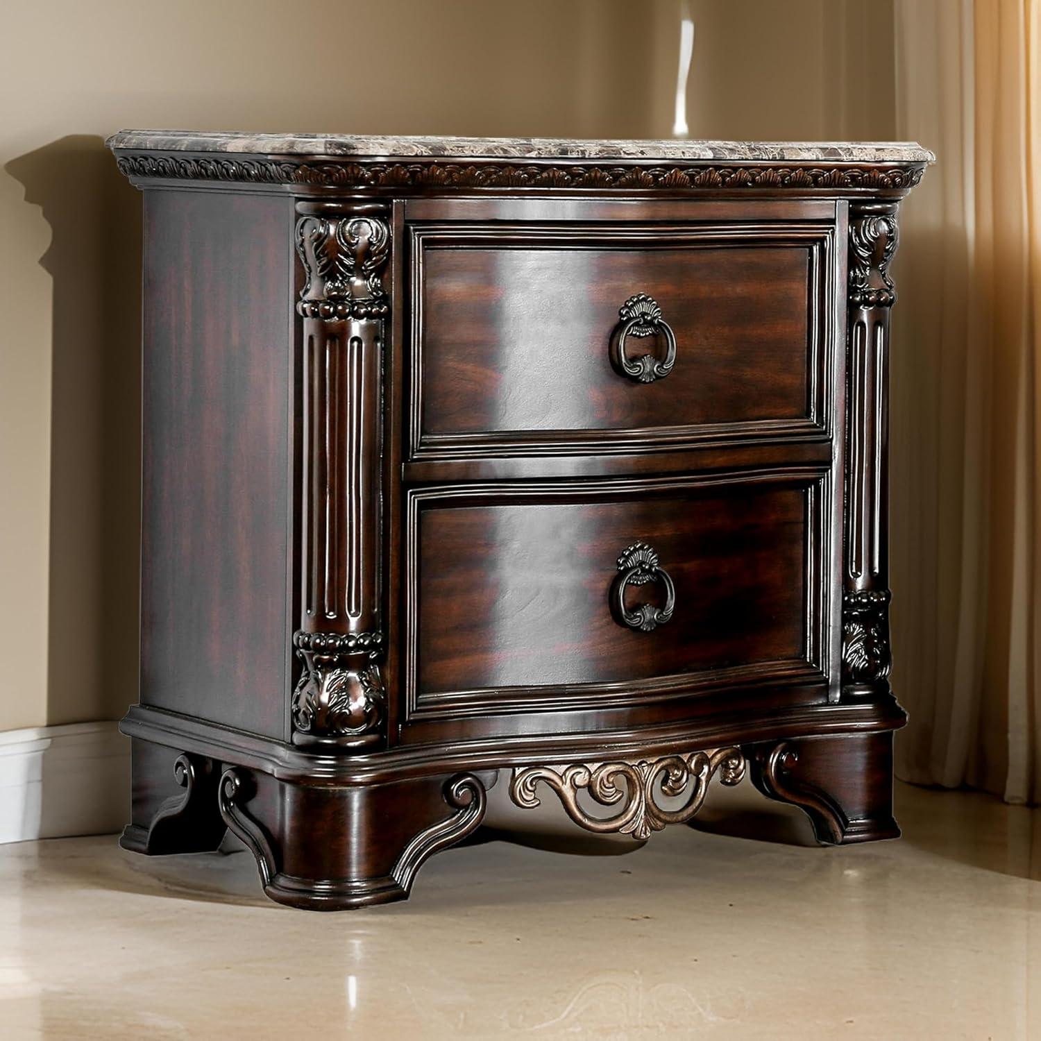 Benzara 30 Inch Nightstand with 2 Drawers, Classic Marble Top, Ornate Pilasters, Dark Cherry Brown
