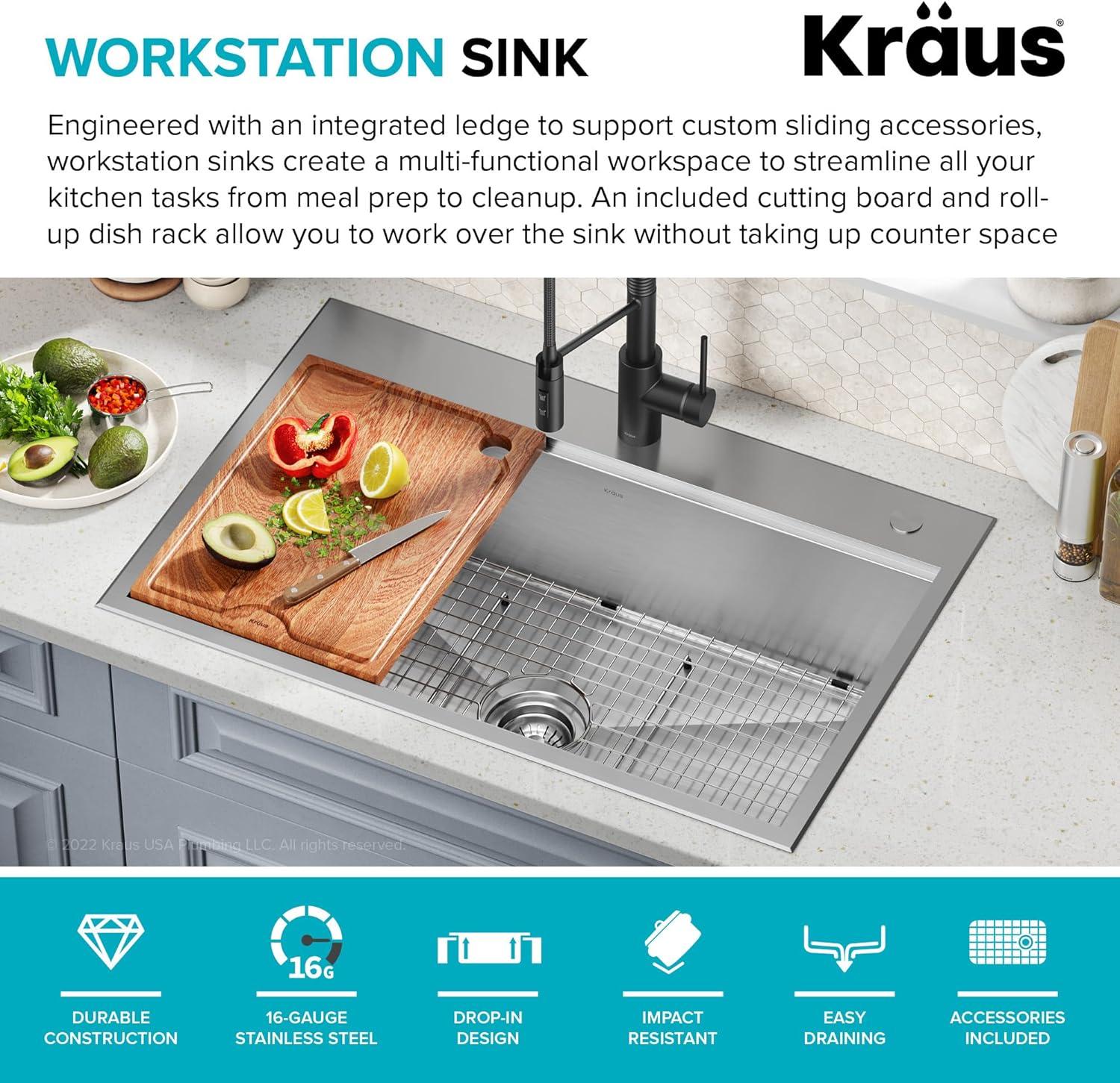KRAUS Kore Drop-In Workstation 16 Gauge Stainless Steel Single Bowl Kitchen Sink with Accessories