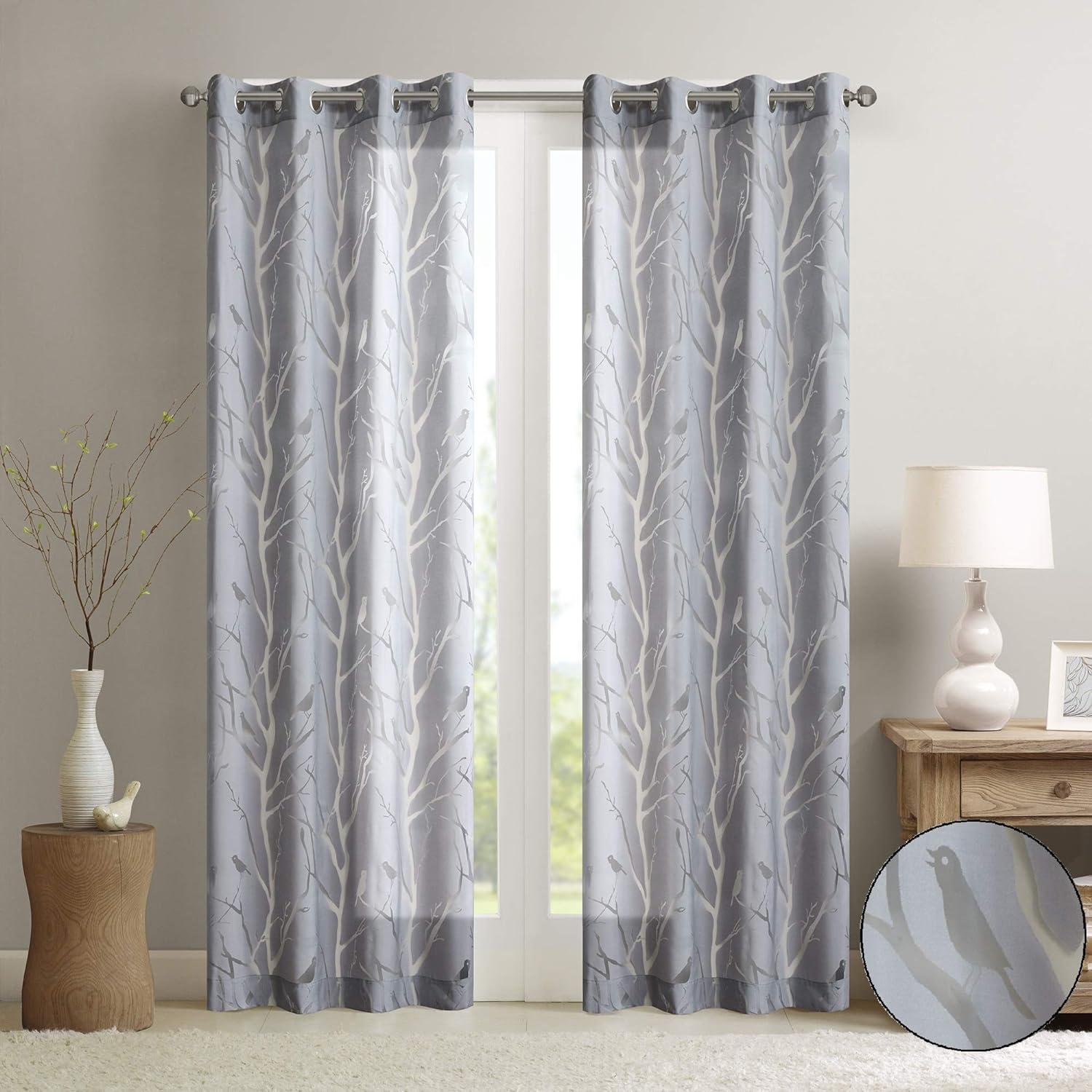 Silver Sheer Bird Design Grommet Window Curtain Panel