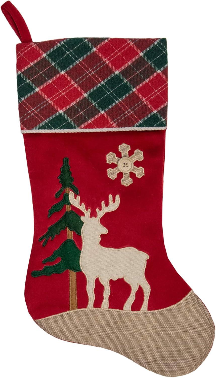 Red and Green Plaid Christmas Stocking with Moose and Pine Tree, 20.5"