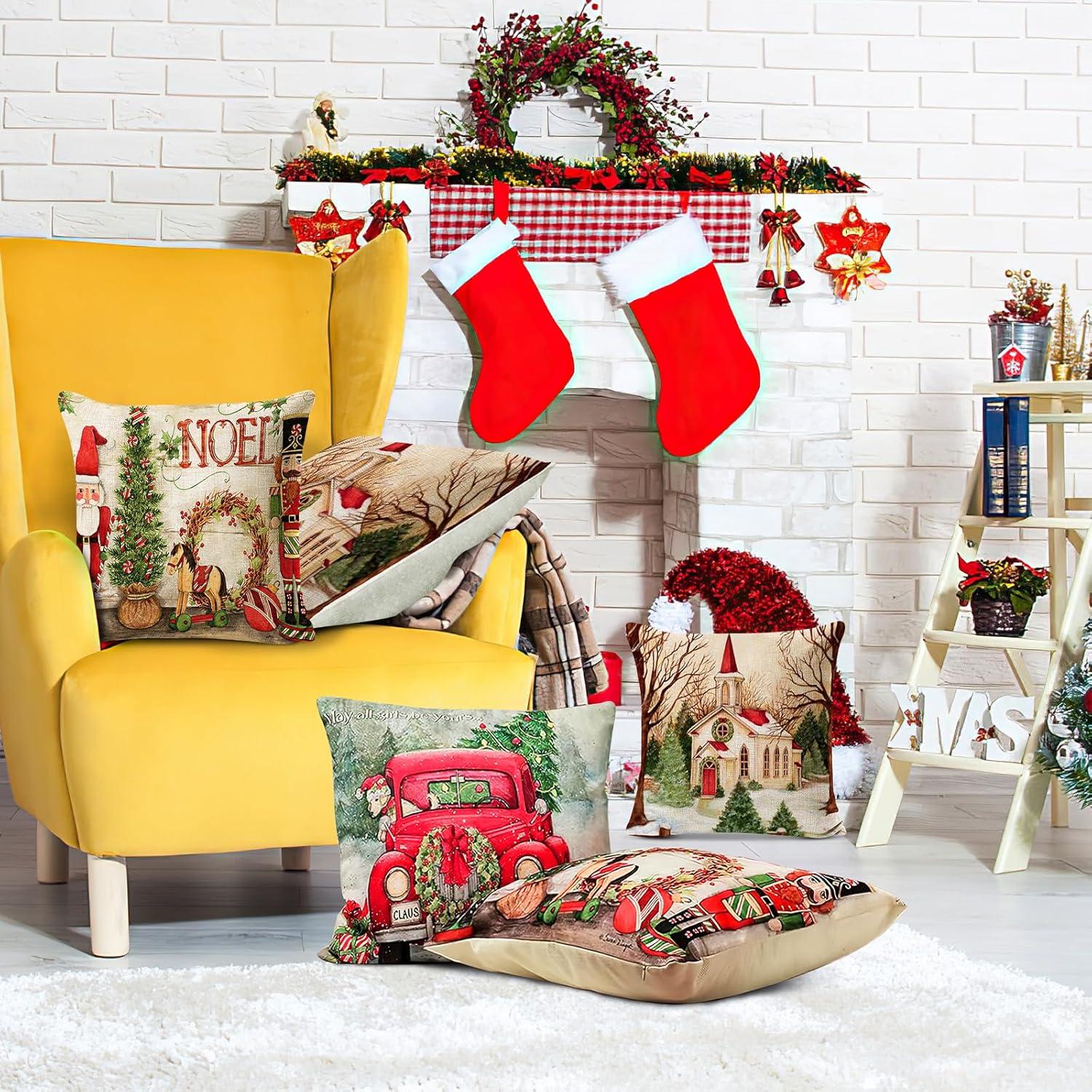 4 Pack Christmas Red Throw Pillow Covers, Linen Home Christmas Decorations, Christmas Pillows Cushion Cover Sofa Couch Pillowcases, Xmas Series Cushion Pillow Cover Zippered Pillowcase (christmas-31)