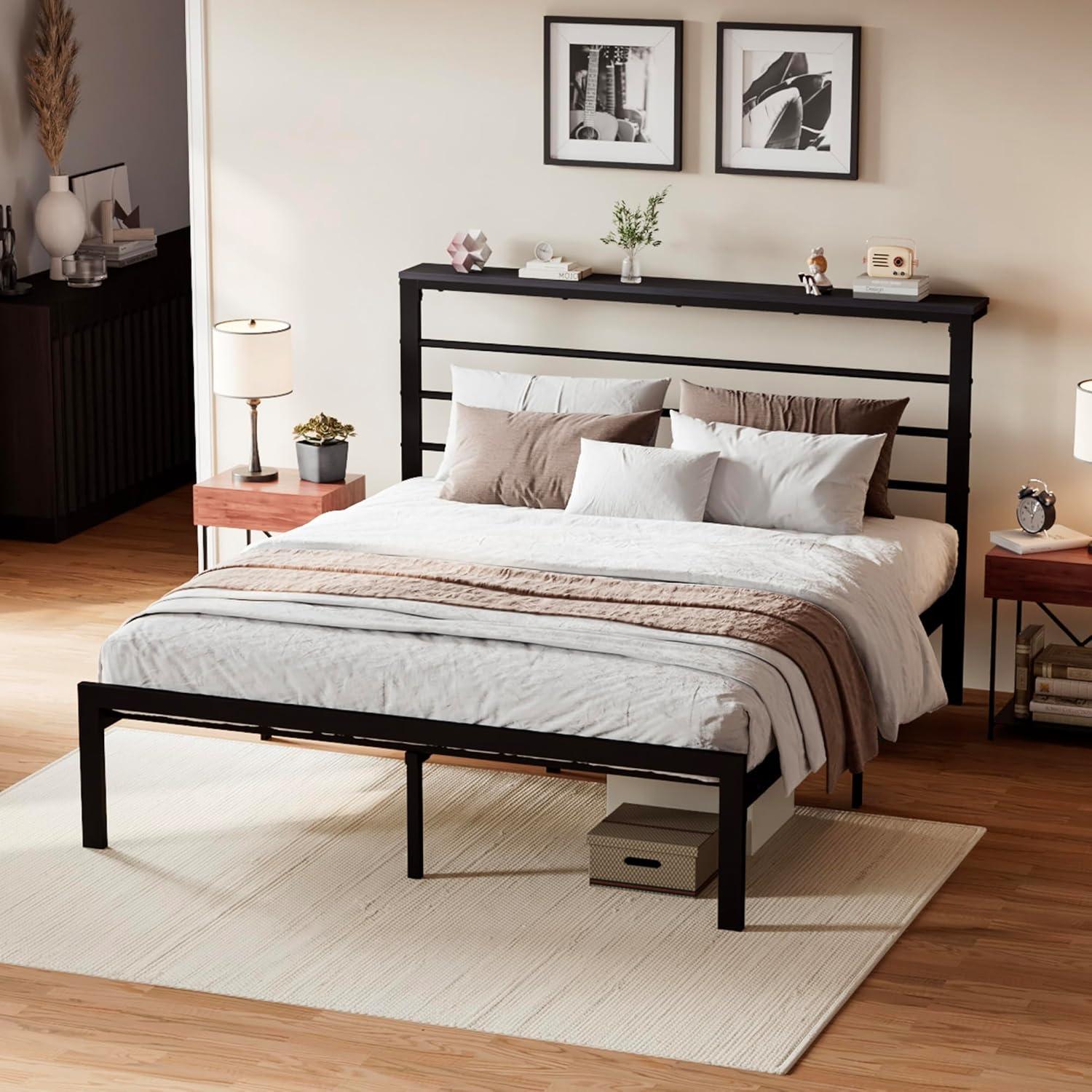 Black Queen Size Metal Bed Frame with Headboard Shelf