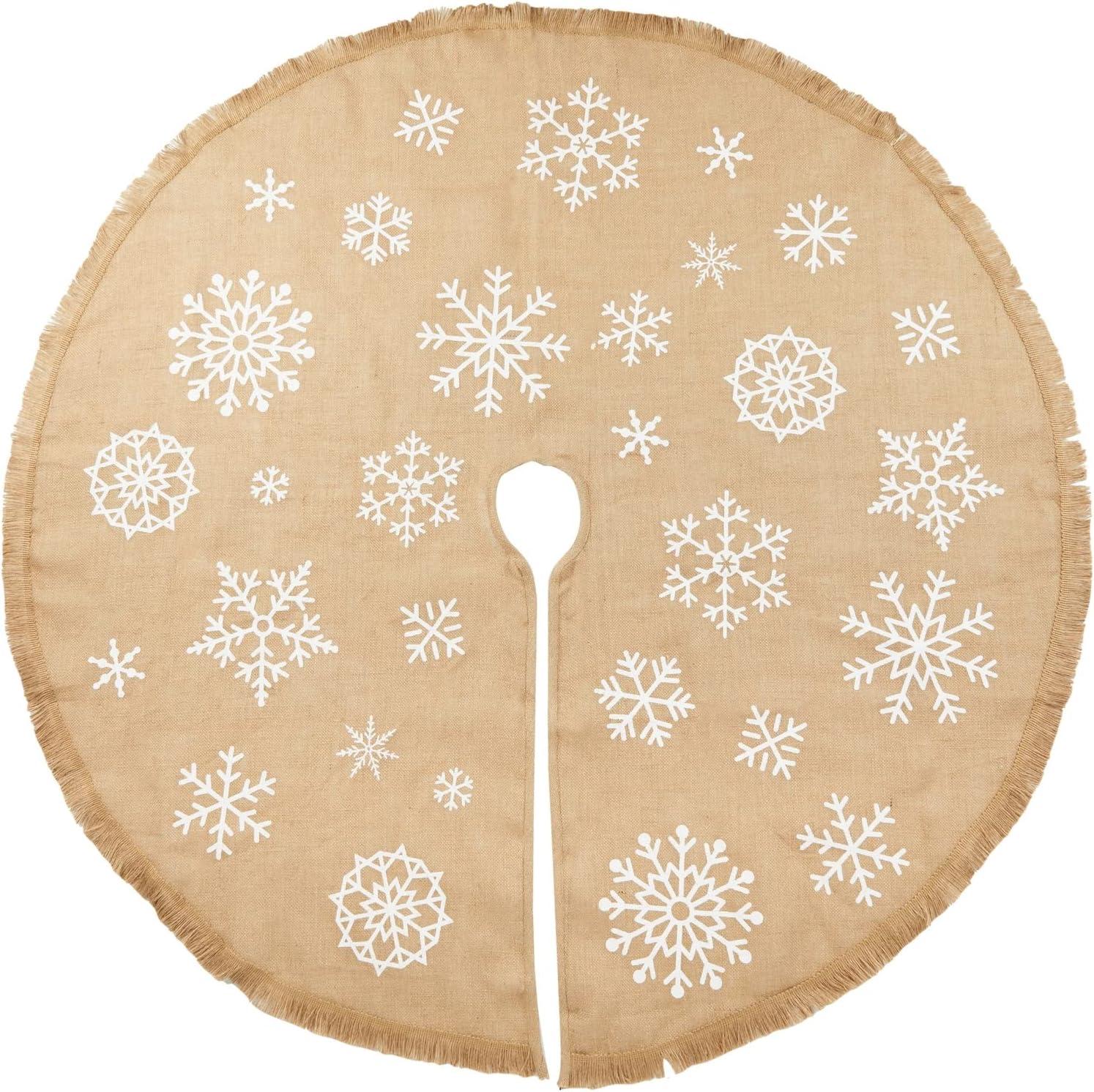 60 Inch Burlap Christmas Tree Skirt, Rustic Snowflake Holiday Decorations for Home