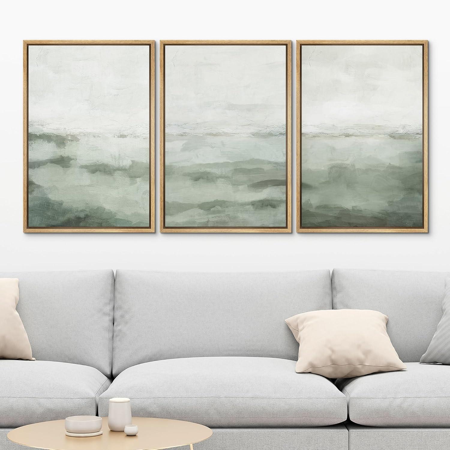 Sage Green Abstract Landscape Modern Organic Minimal Bedroom Framed Canvas Print 3 Pieces Wall Art