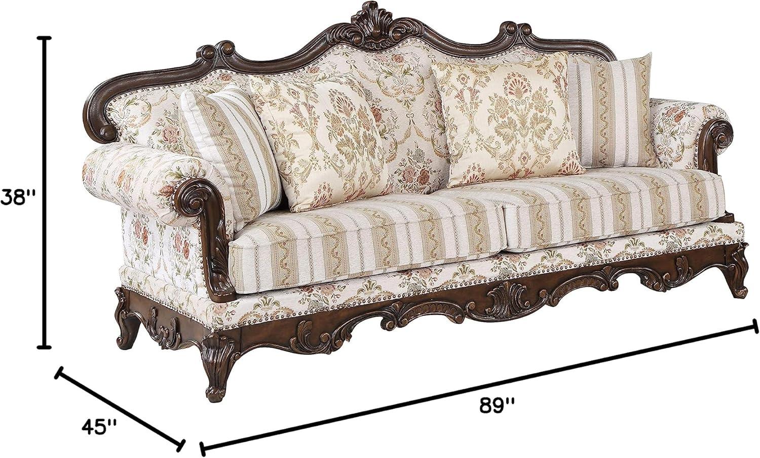 Nayla Walnut Floral Fabric Rolled Arm Sofa with Pillows