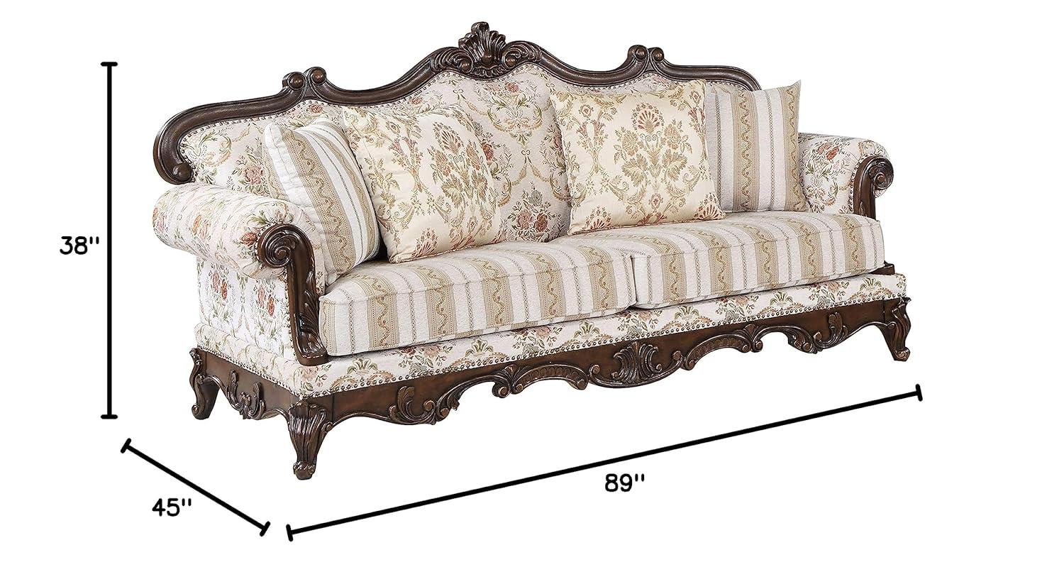 Nayla Walnut Floral Fabric Rolled Arm Sofa with Pillows
