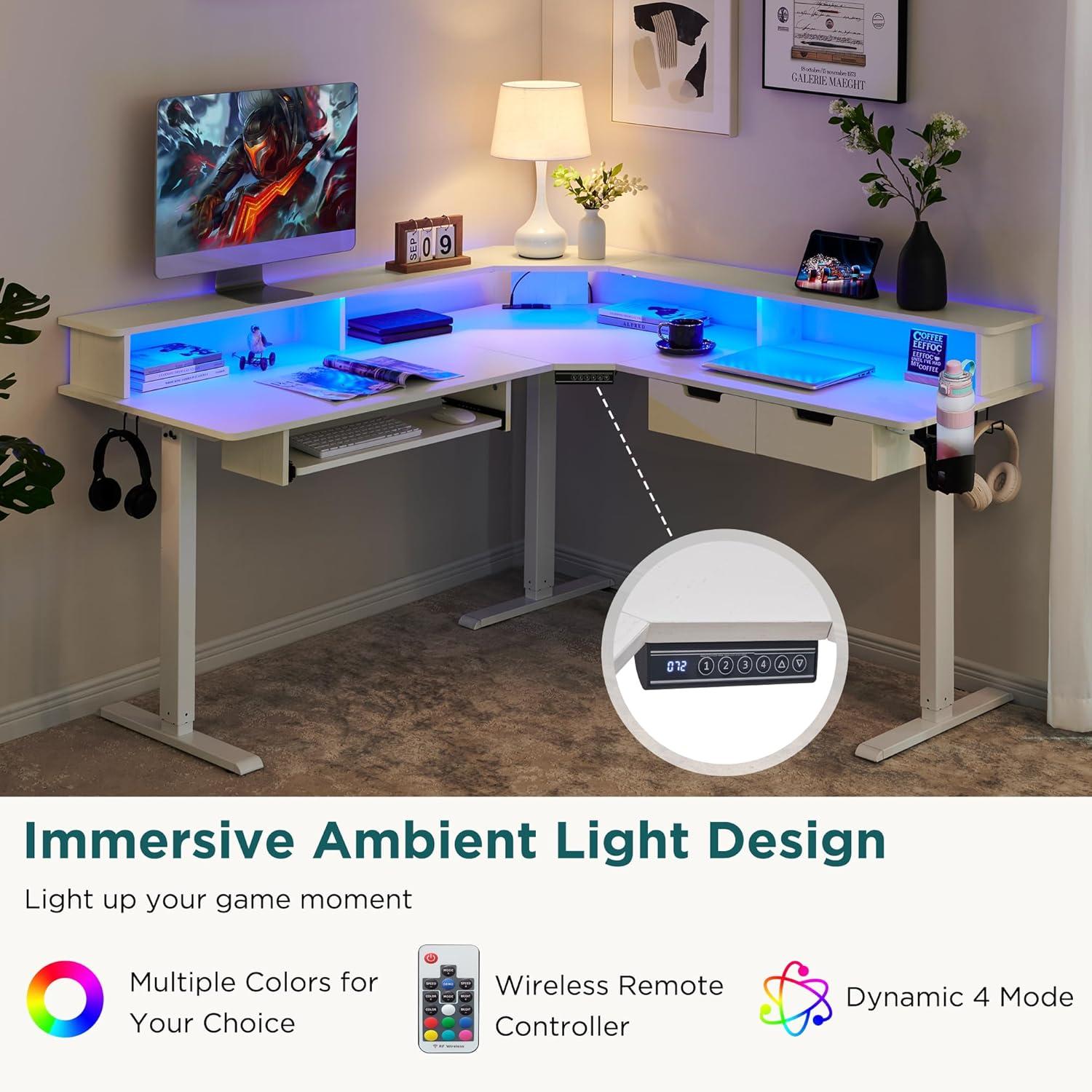 RedLemon 60 Inches L Shaped Electric Standing Desk, Height Adjustable Corner Gaming Desk with Drawers, Power Outlets & LED Lights, Computer Desk with Monitor Shelf, Carbon Fiber Black