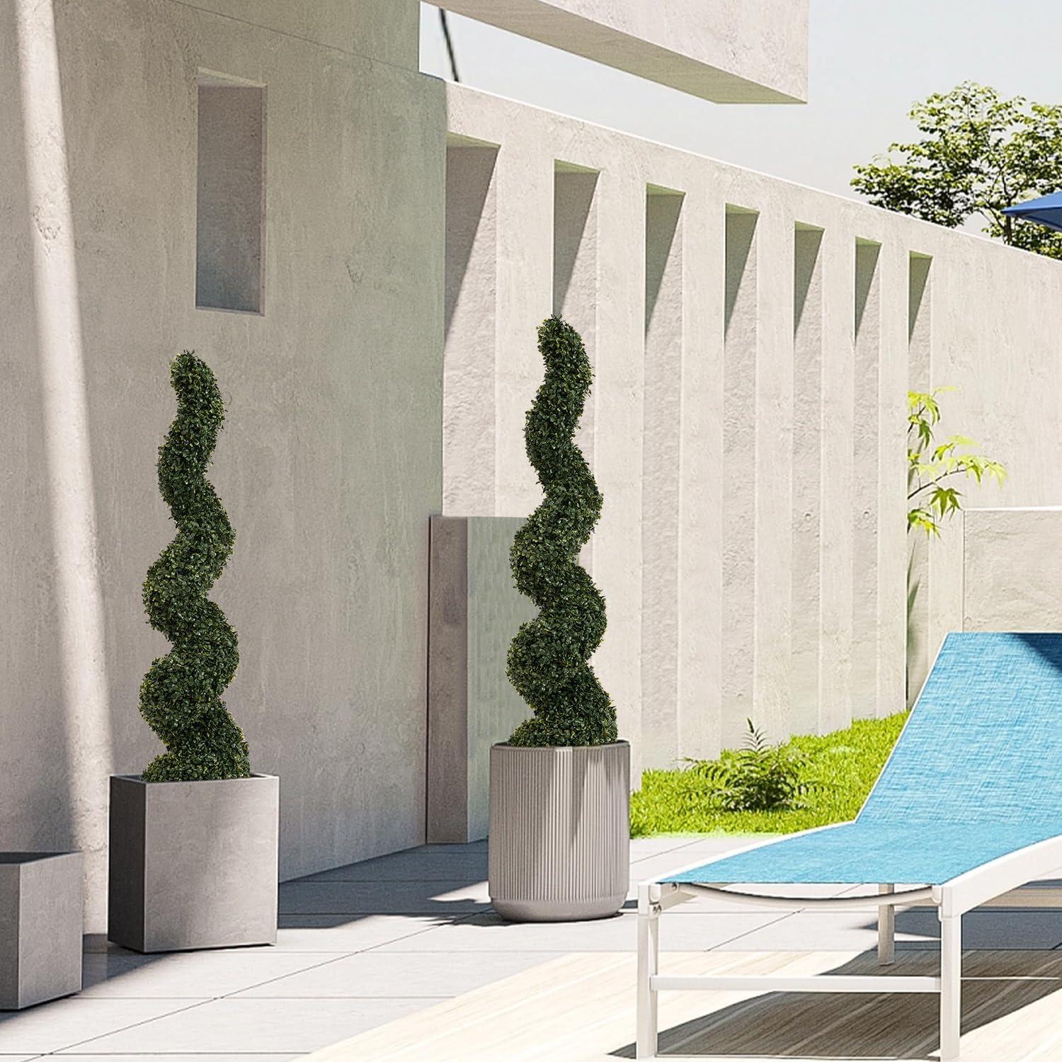 Goplus 4FT Artificial Spiral Boxwood Topiary Tree, 2 Pack Greenery Large Faux Plant in Cement-Filled Plastic Pot, Tall Fake Plant for Indoor Outdoor Home Front Porch Decor