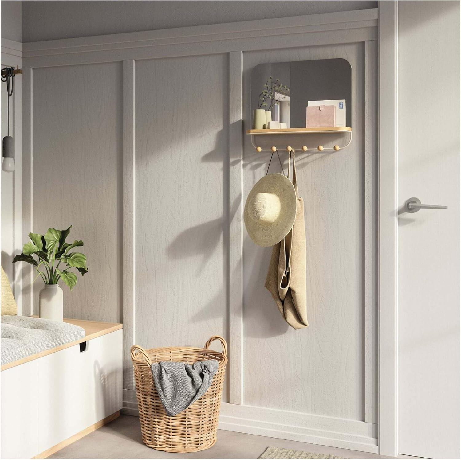 White Wood Rectangular Mirror with Hooks and Tray