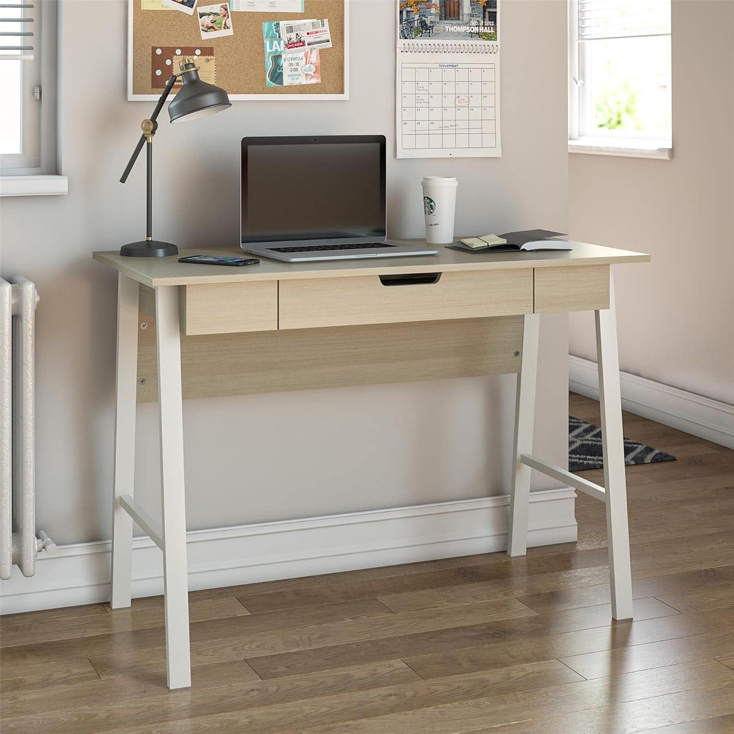 Pale Oak and White Writing Desk with Drawer