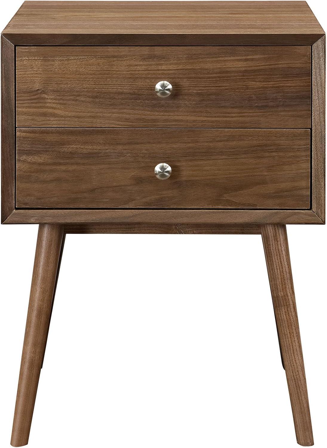 Walnut Mid-Century Modern 2-Drawer Nightstand with Metal Knob Handles