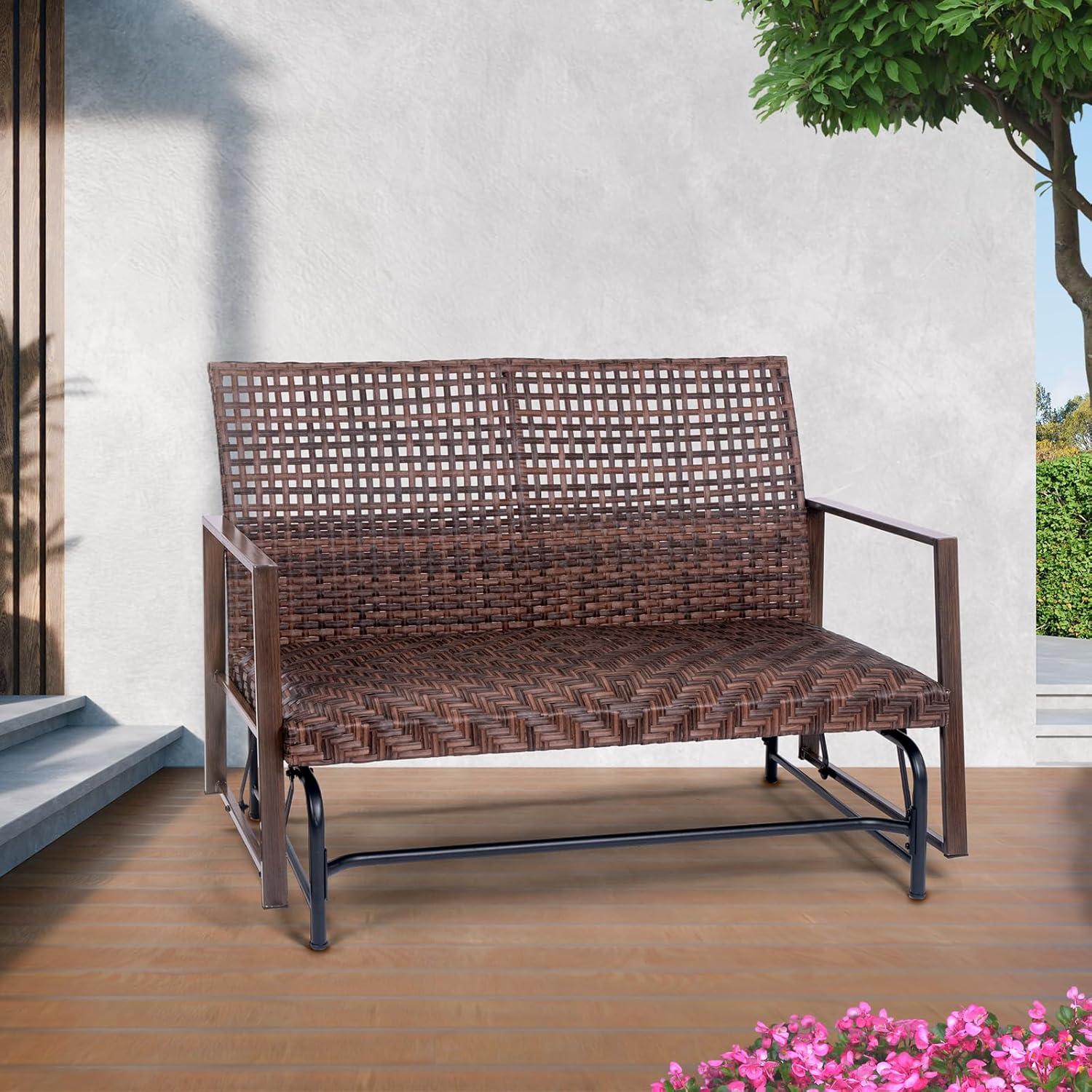 Wicker 2 Person Patio Glider with Double Weaved Wicker Seat, Powder Coated Frame, 50" W x 25.5" D x 35.5" H, 400 Lb Weight Capacity