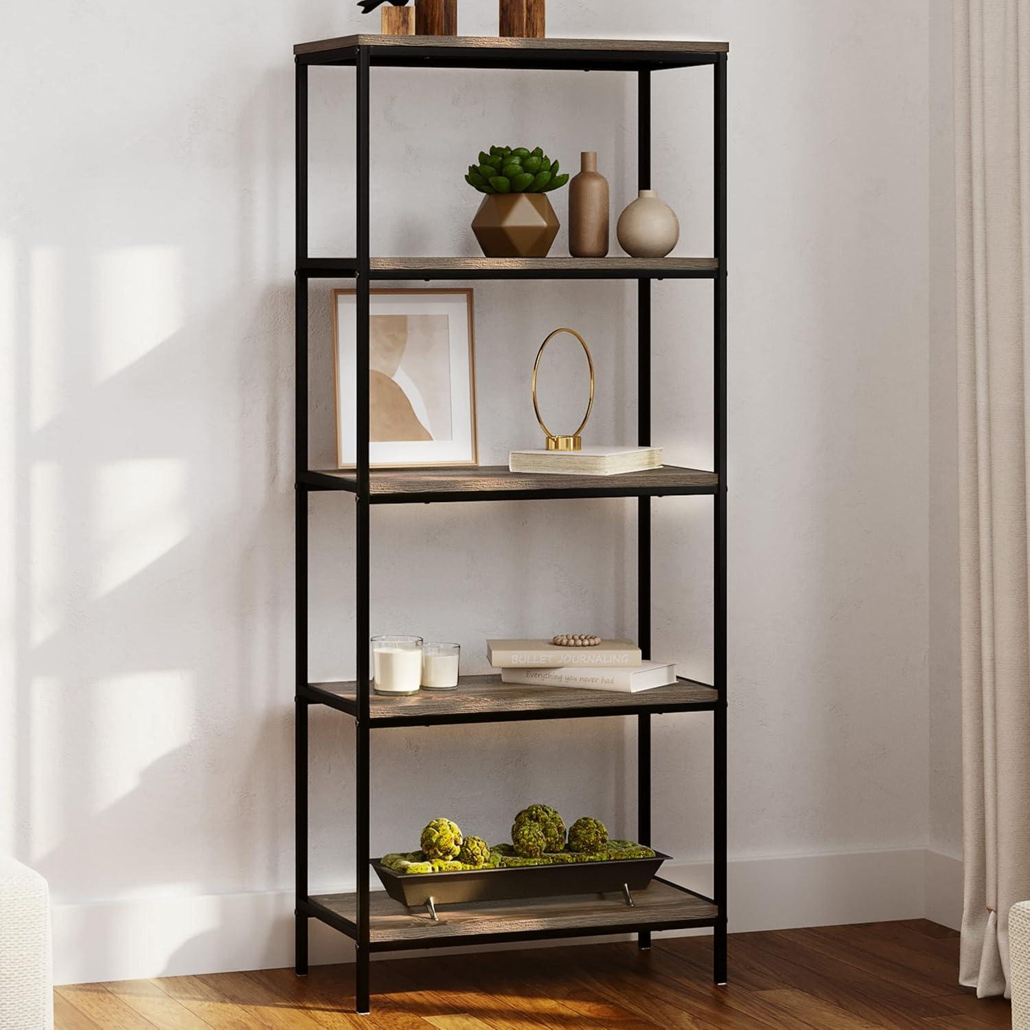 Lavish Home 5-Tier Bookshelf - Open Industrial Style Etagere Wooden Shelving Unit