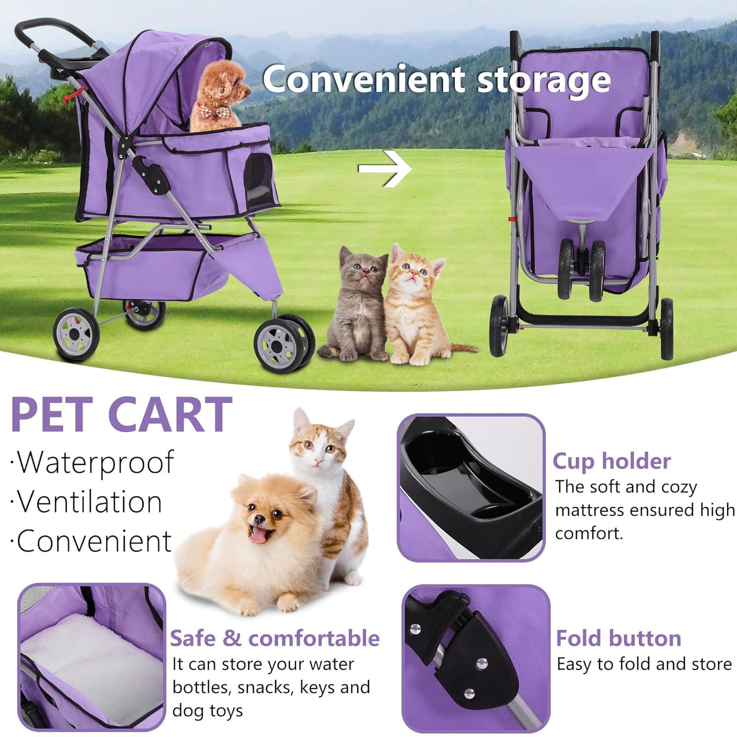 YRLLENSDAN Dog Stroller Cat Stroller Pet Strollers for Small Medium Dogs Foldable Travel Dog Cart 3 Wheels Waterproof, Purple