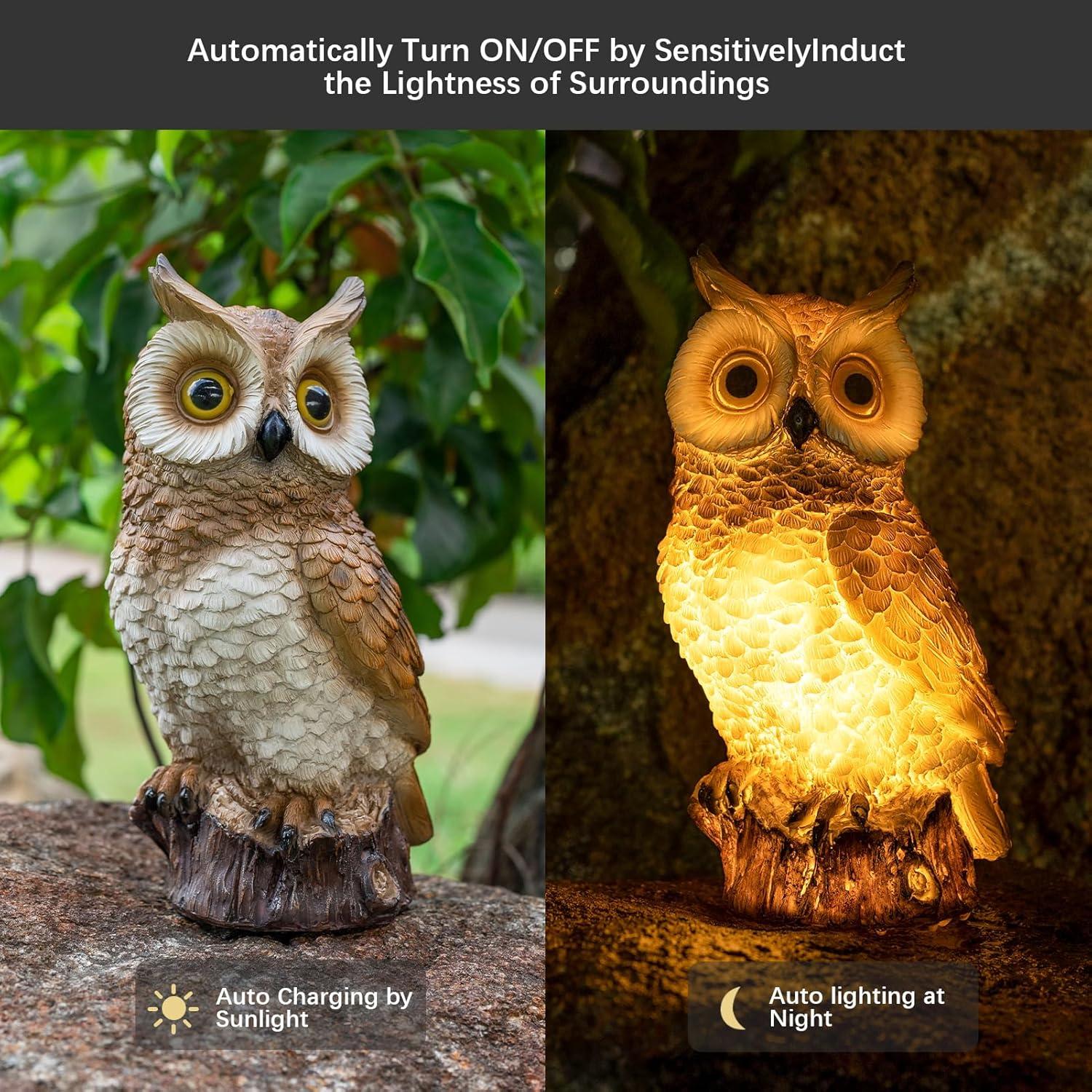 Solar Resin Owl Figurine with LED Lights for Outdoor Decor