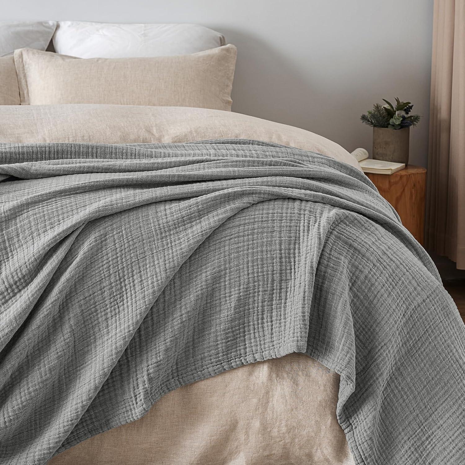 PHF 100% Cotton Muslin Blanket King Size 108" x 90", 4-Layer Lightweight and Breathable Blanket for Summer, Luxuriously Soft Gauze Bedding for Bed, Natural Minimalism Style, Ideal, Gift Grey