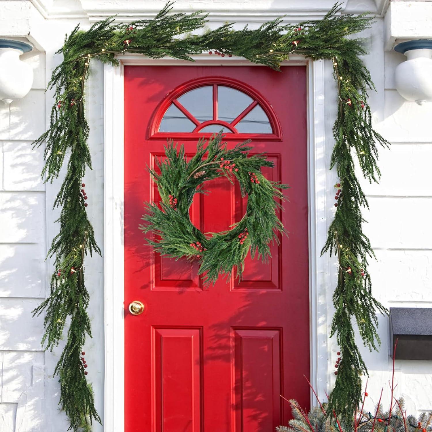 6FT Artificial Norfolk Pine Garlands, Real Touch Greenery Garland, Soft Bendable Garland Christmas Decorations, Greenery Garland for Table,Mantle, Wall, Indoor, Outdoor Thanksgiving Decorations