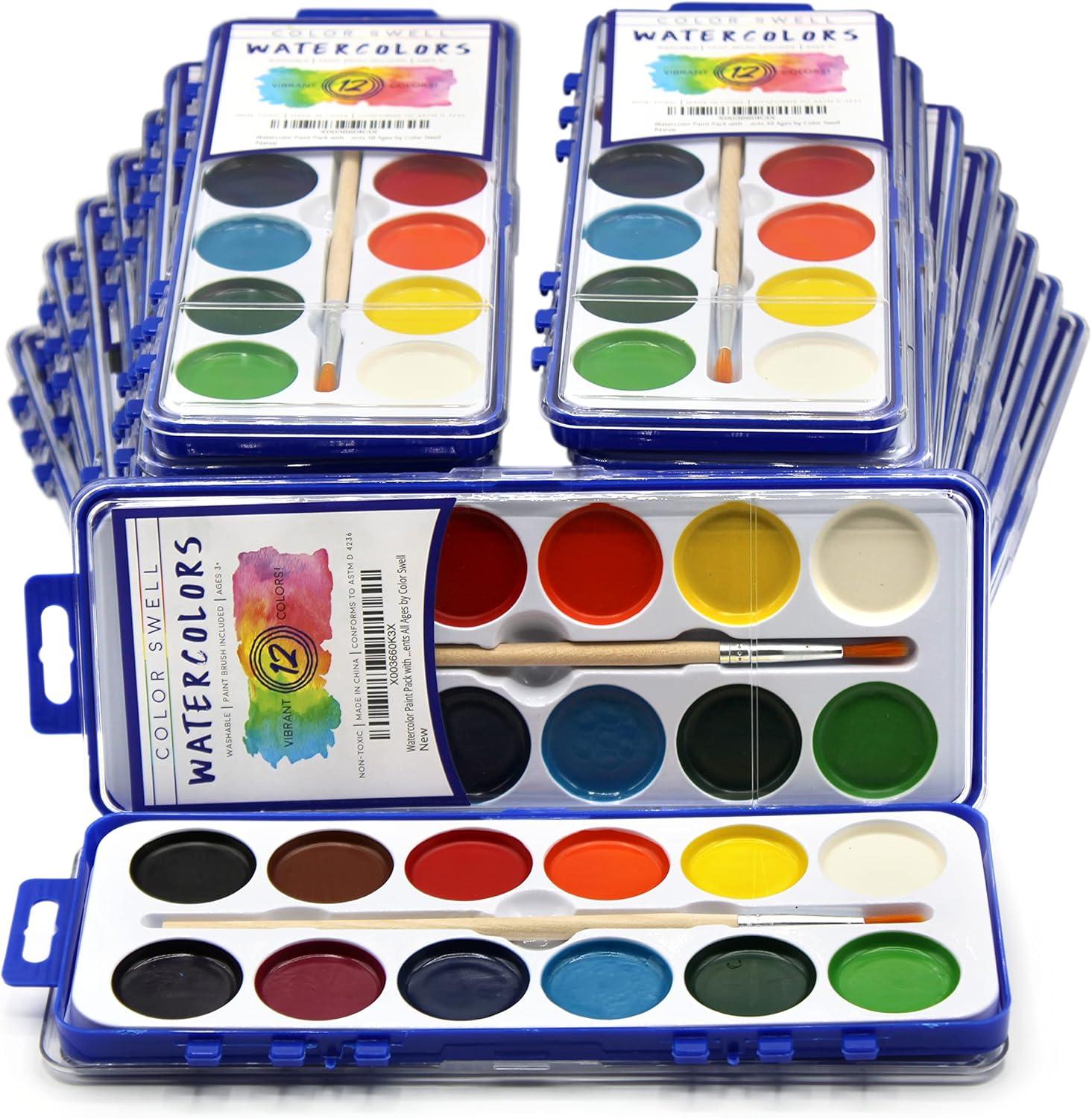 18 Set Bulk Watercolor Paint Pack with Wood Brushes 12 Washable Colors with 25% More Paint