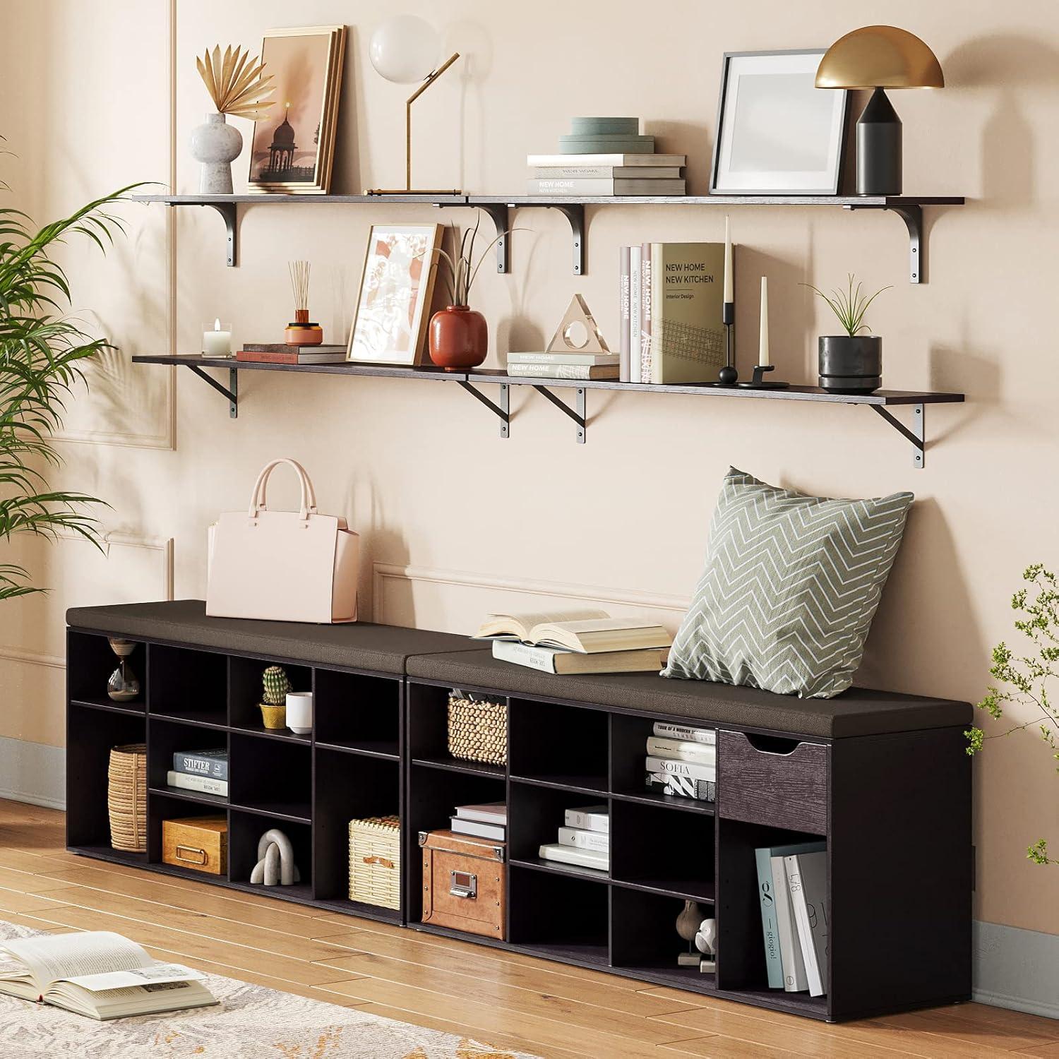 Espresso Shoe Storage Bench with Cushion and Adjustable Shelves