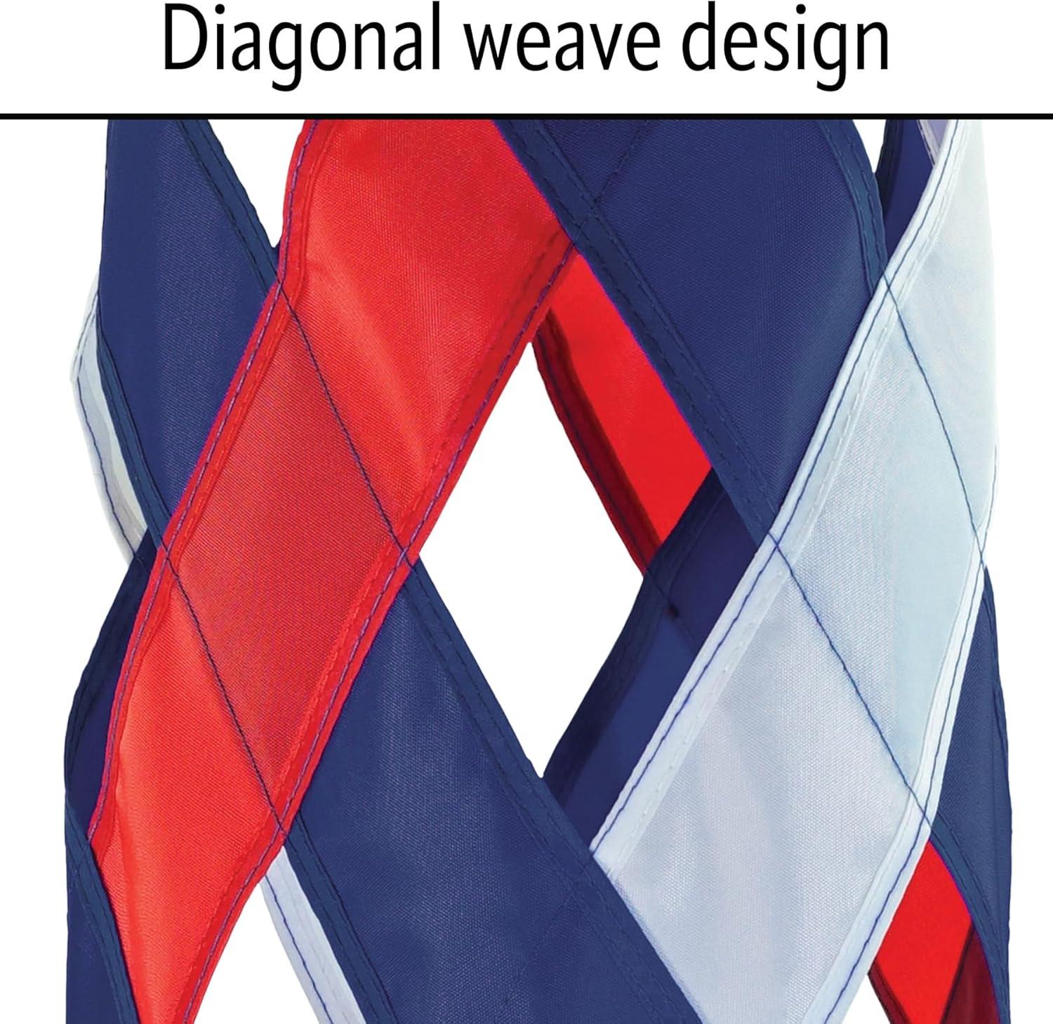 In the Breeze 5217 — Red, White & Blue Diagonal Weave 40" Windsock — Patriotic Lattice Windsock with Color-Coordinated Tails, Fourth of July Decoration