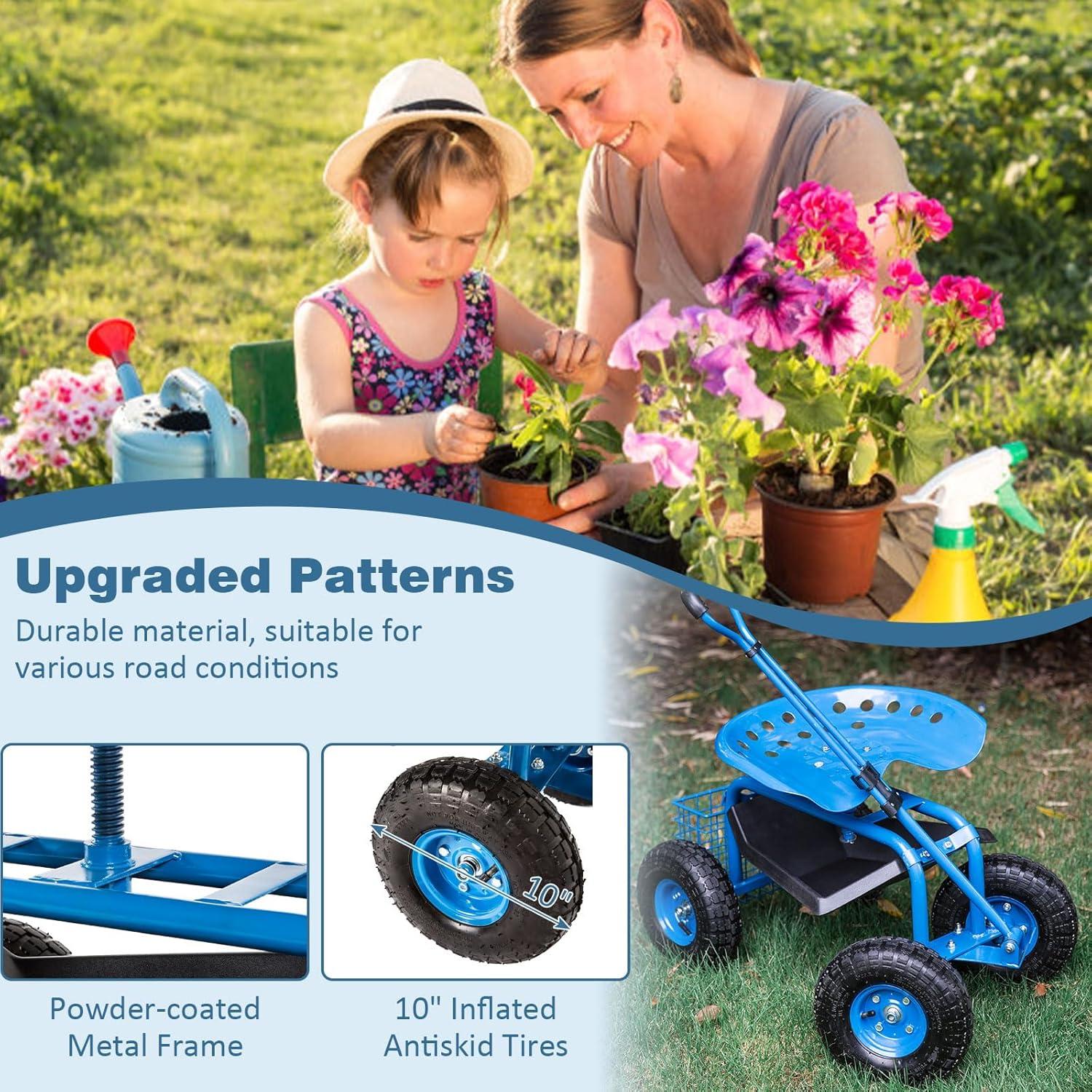 Rolling Garden Cart Scooter Stool - Garden Seat with Wheels Garden Cart with Seat, Adjustable Handle 360 Degree Swivel (Blue)