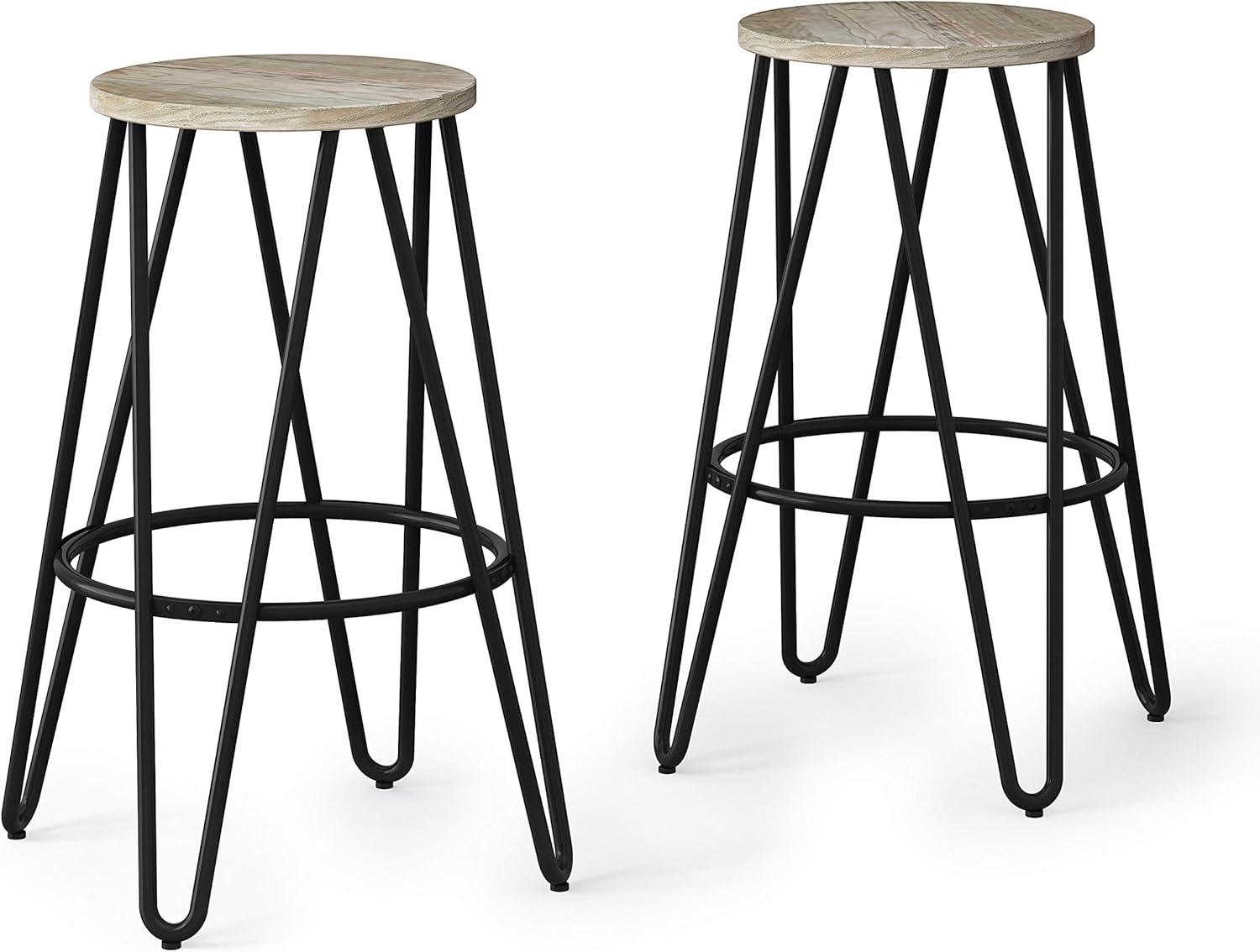 Simpli Home Simeon 26" Stool with Wood Seat (Set of 2) in Natural / Black